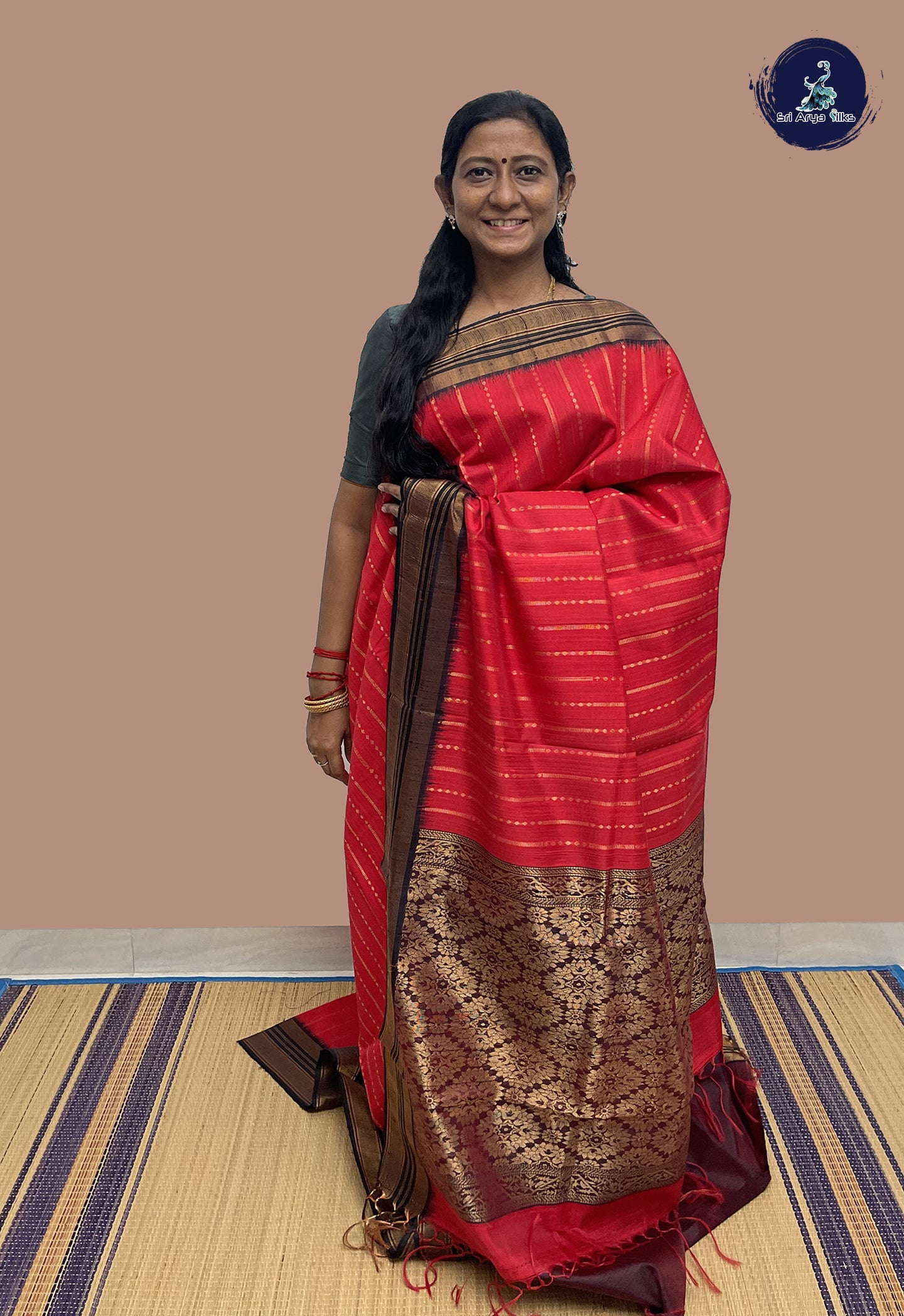 Bright Red Raw Silk Saree With Stripes Pattern