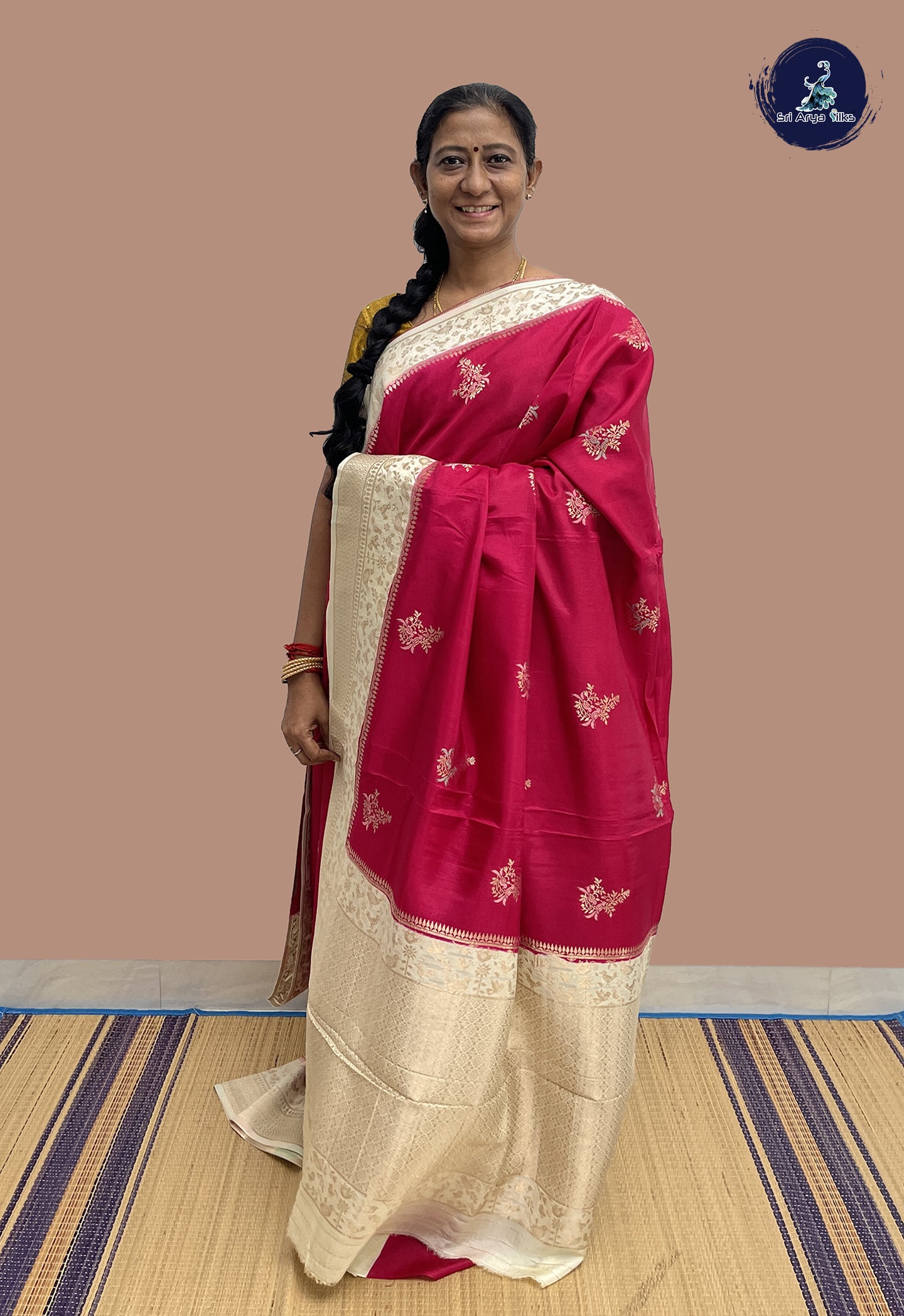 Dark Pink Banarasi Silk Saree With Zari Buttas Pattern