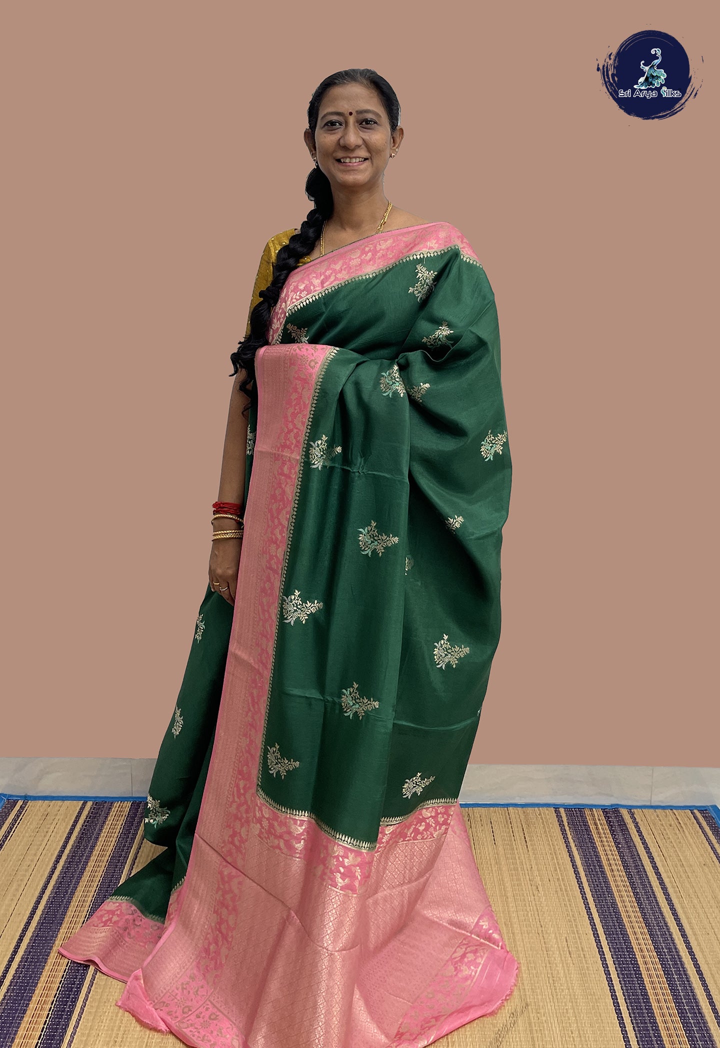 Bottle Green Banarasi Silk Saree With Zari Buttas Pattern