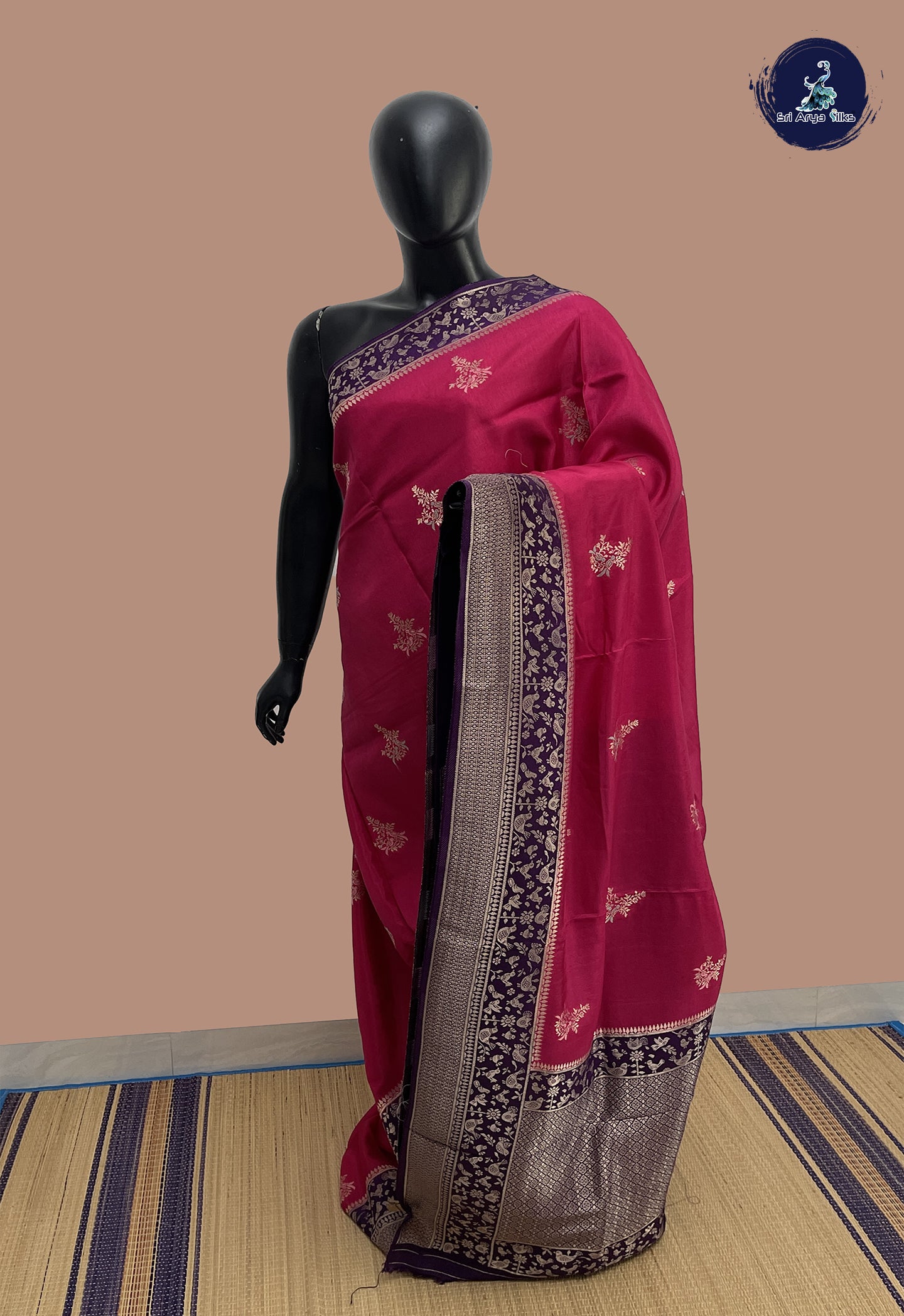 Dark Pink Banarasi Silk Saree With Zari Buttas Pattern
