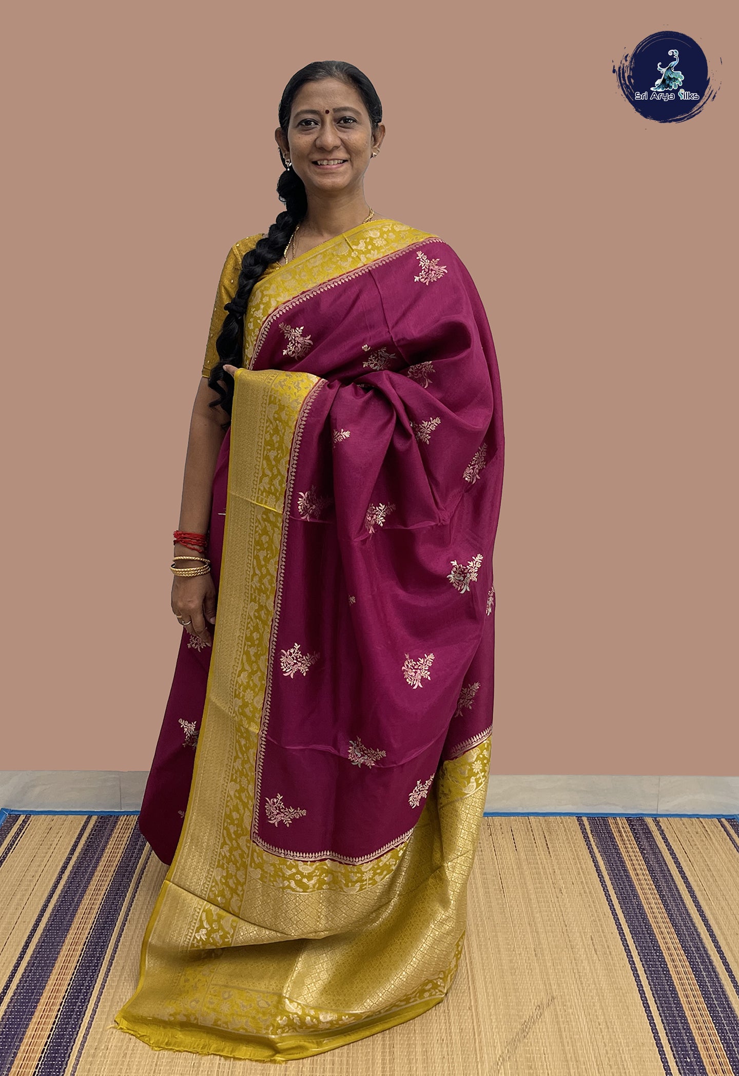 Dark Plum Banarasi Silk Saree With Zari Buttas Pattern