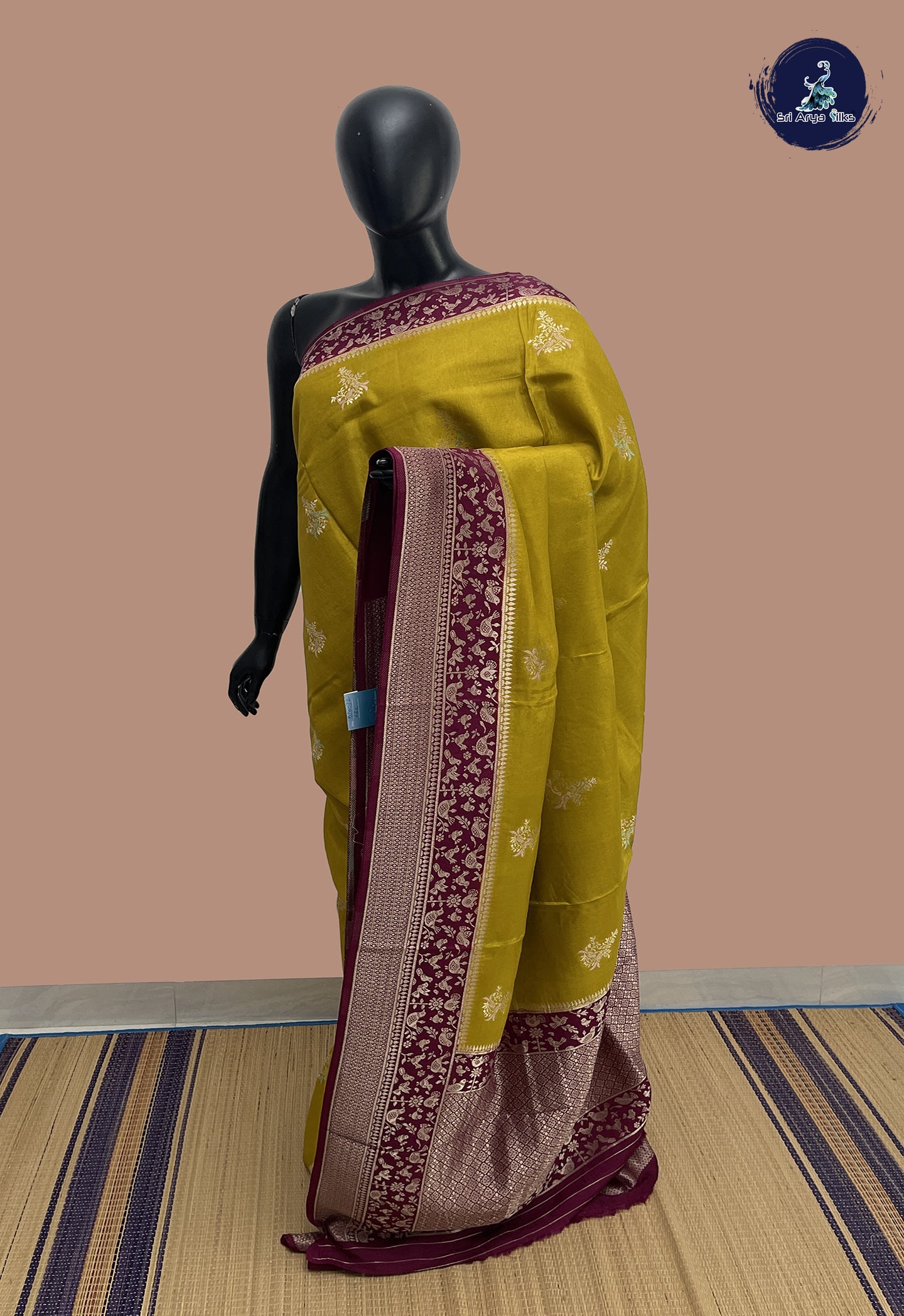 Golden Mustard Banarasi Silk Saree With Zari Buttas Pattern