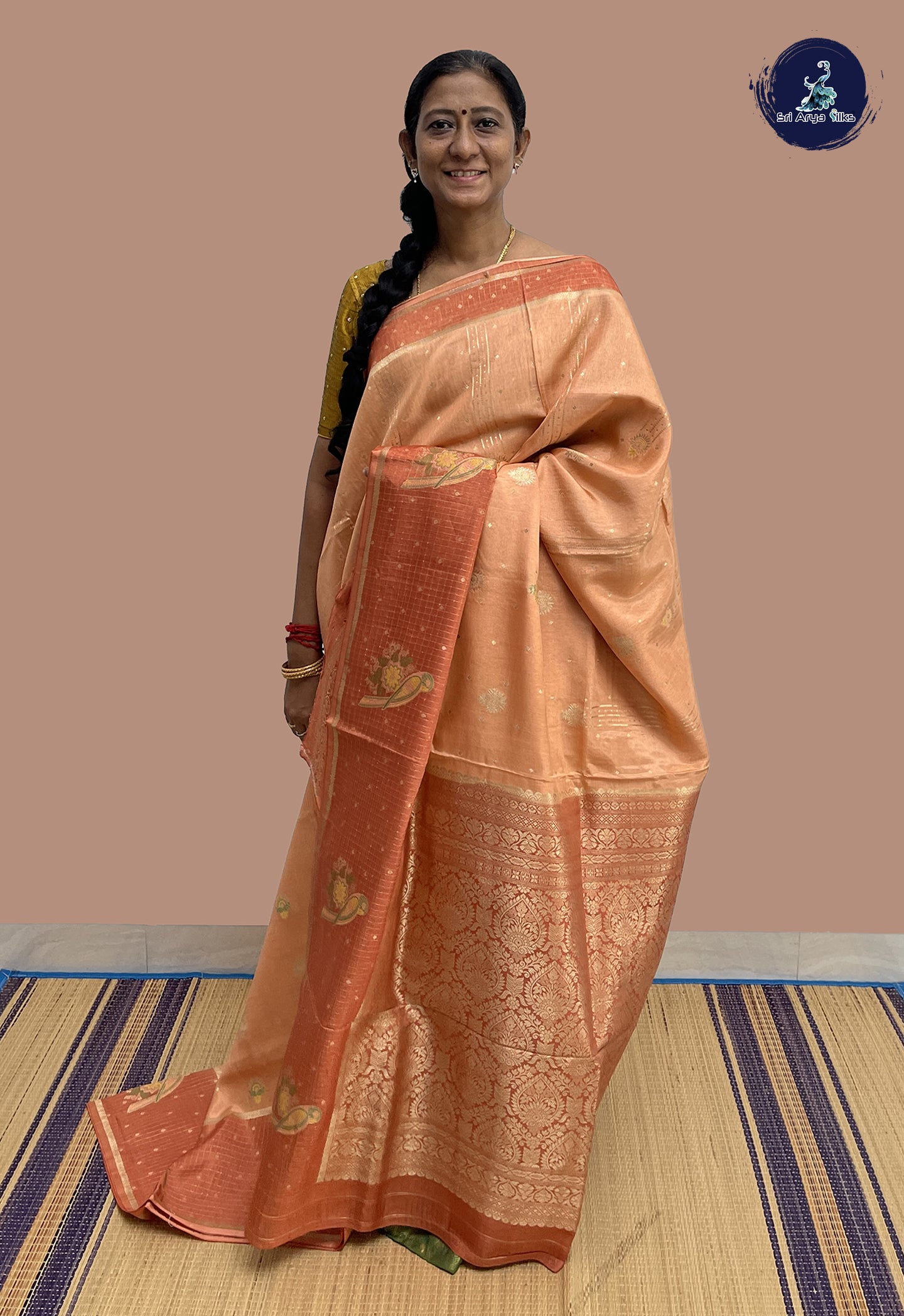 Peach Banarasi Silk Saree With Meenakari Work Pattern