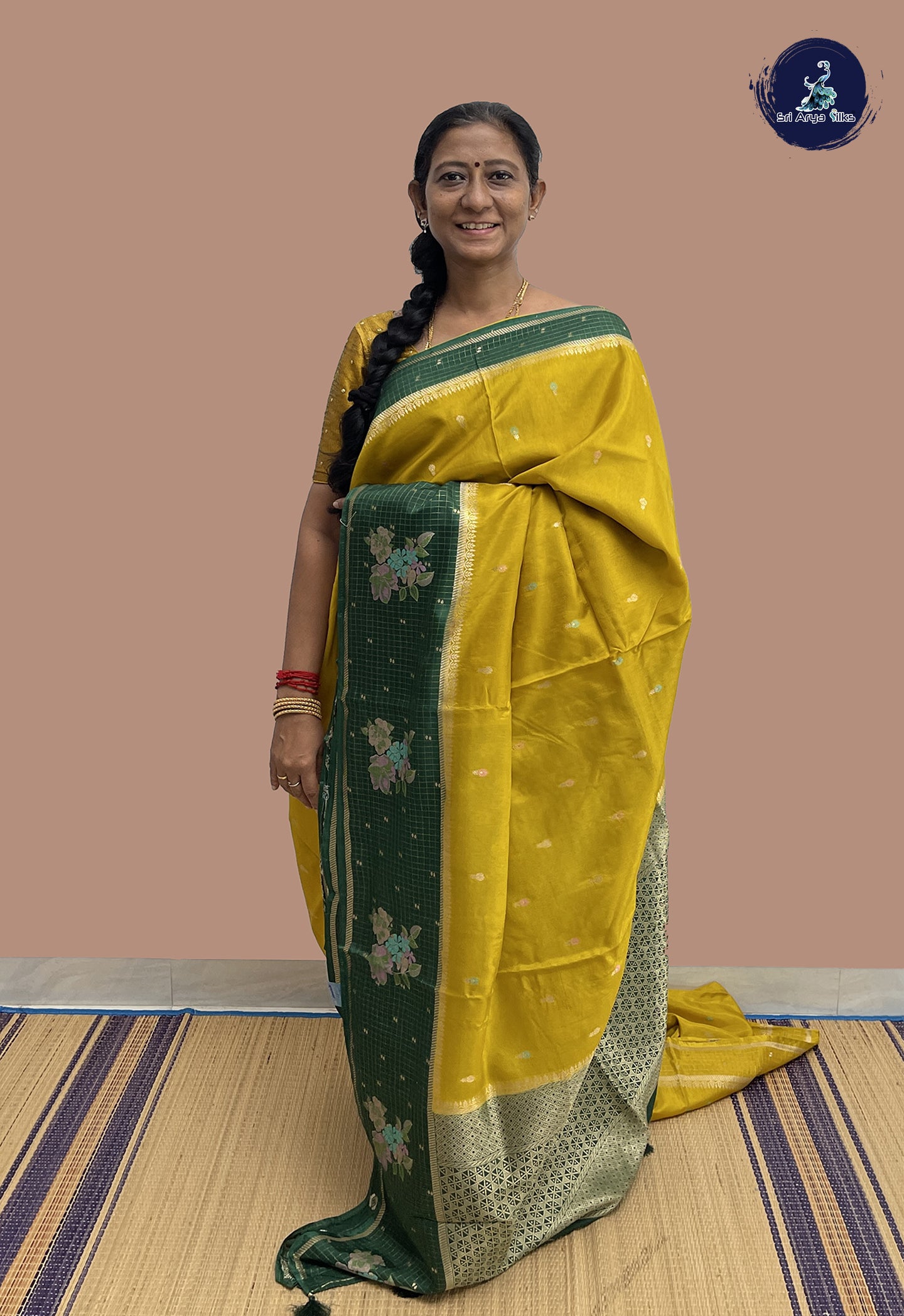 Golden Mustard Banarasi Silk Saree With Meenakari Work Pattern