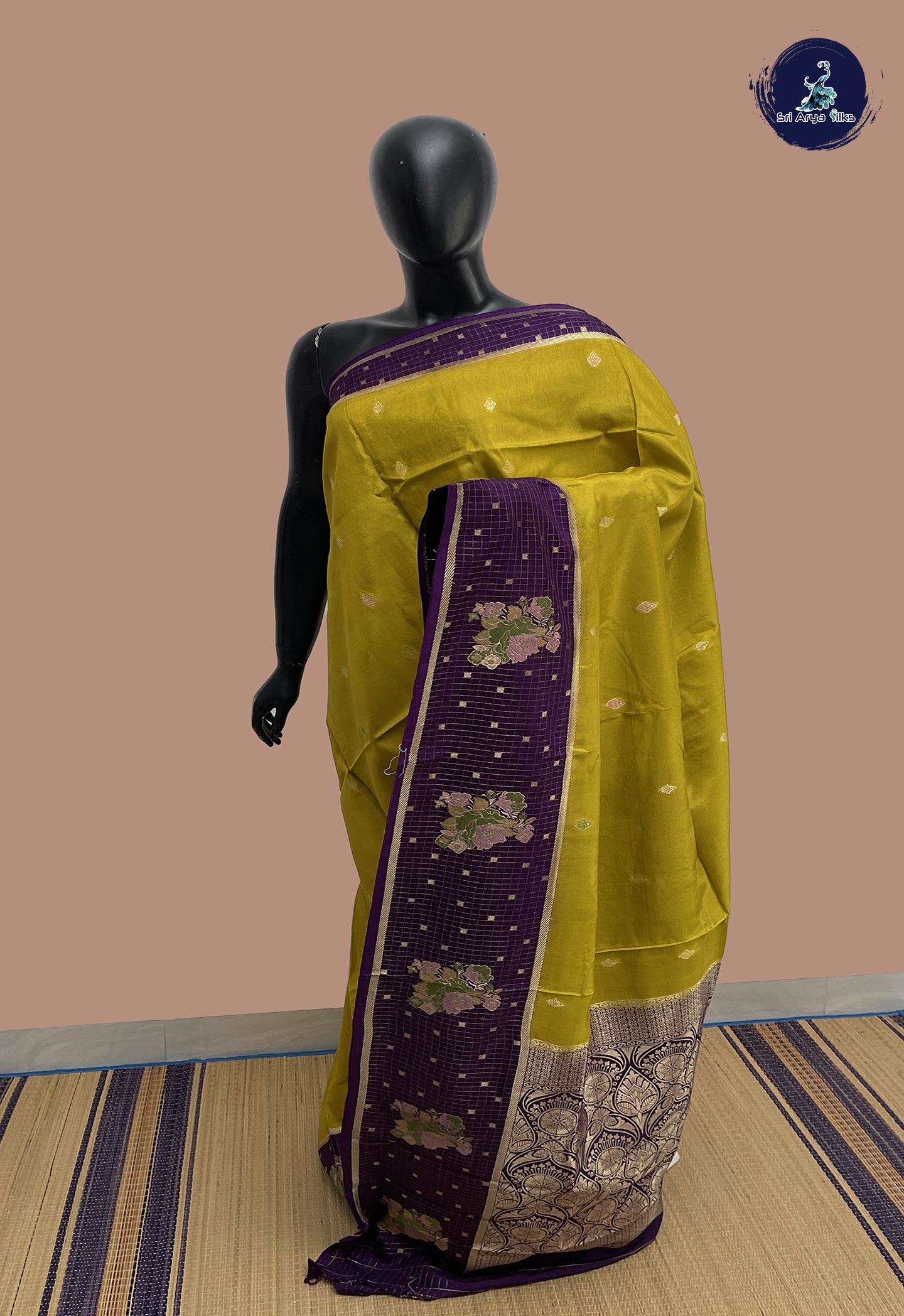 Golden Mustard Banarasi Silk Saree With Meenakari Work Pattern