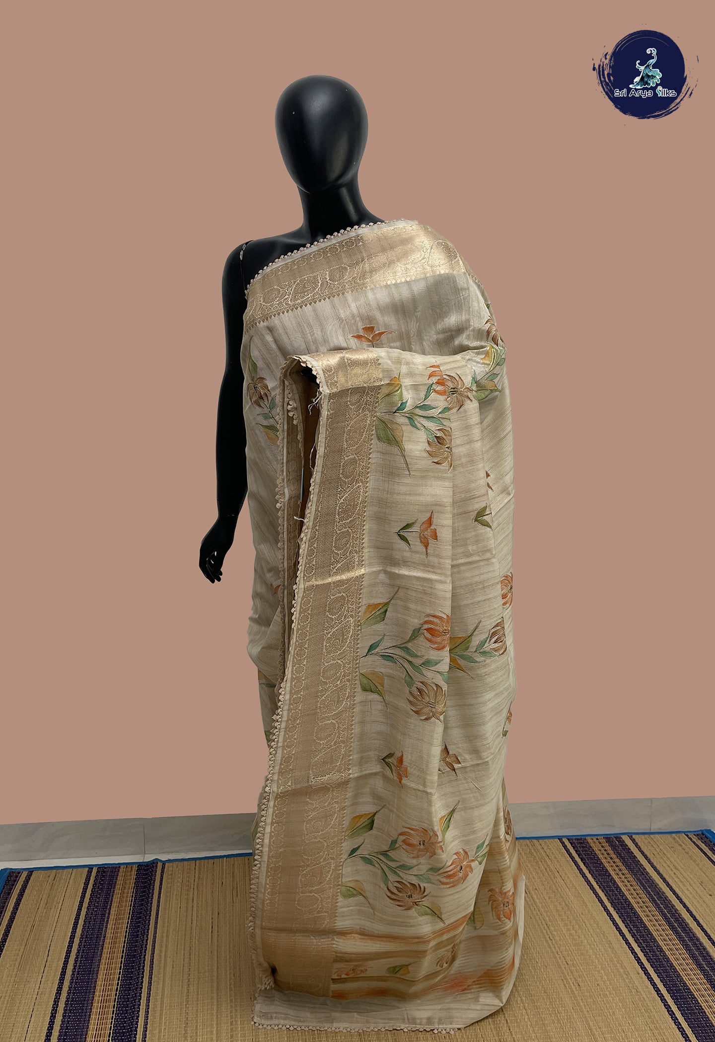 Fawn Tussar Saree With Kalamkari Pattern
