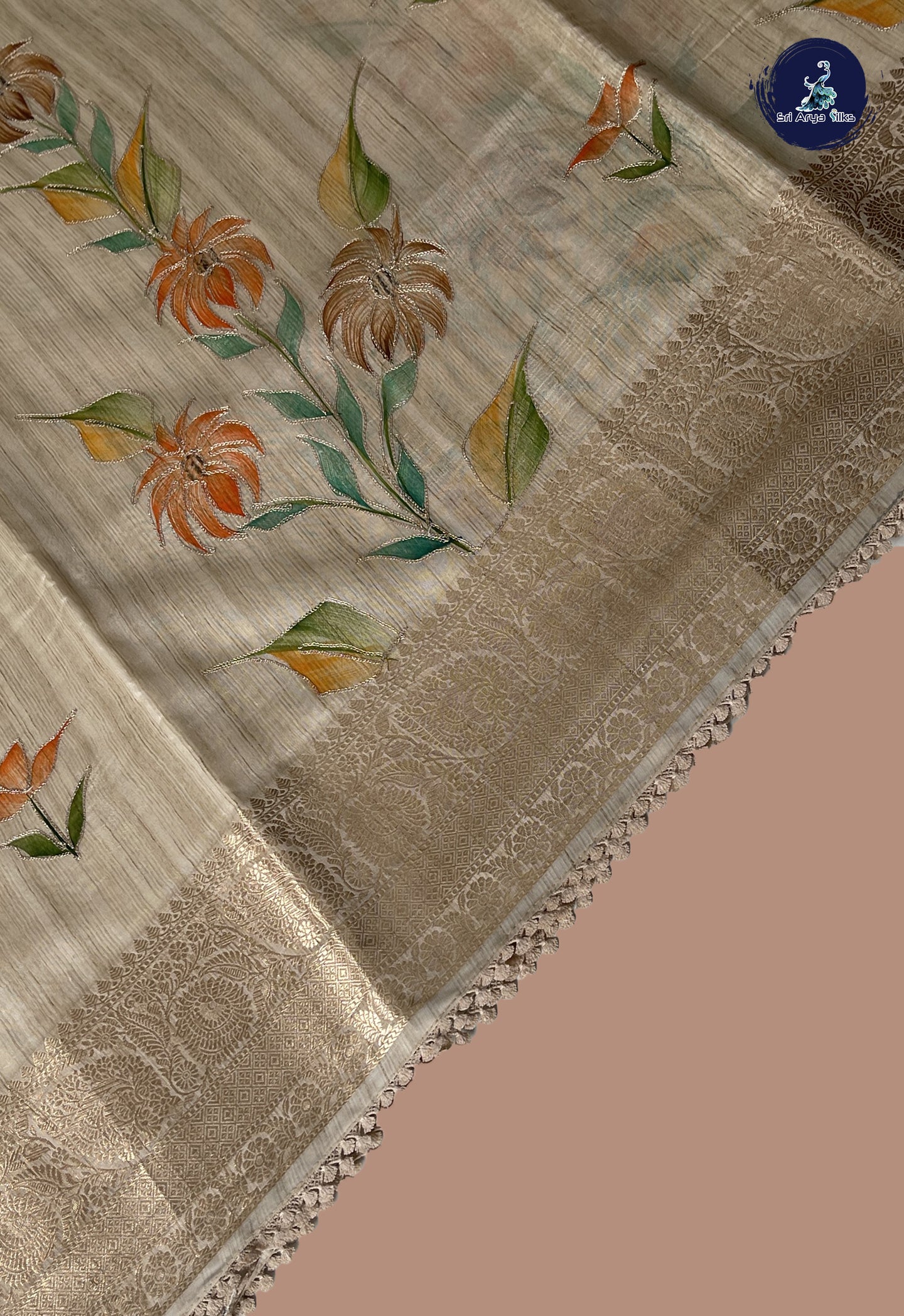 Fawn Tussar Saree With Kalamkari Pattern