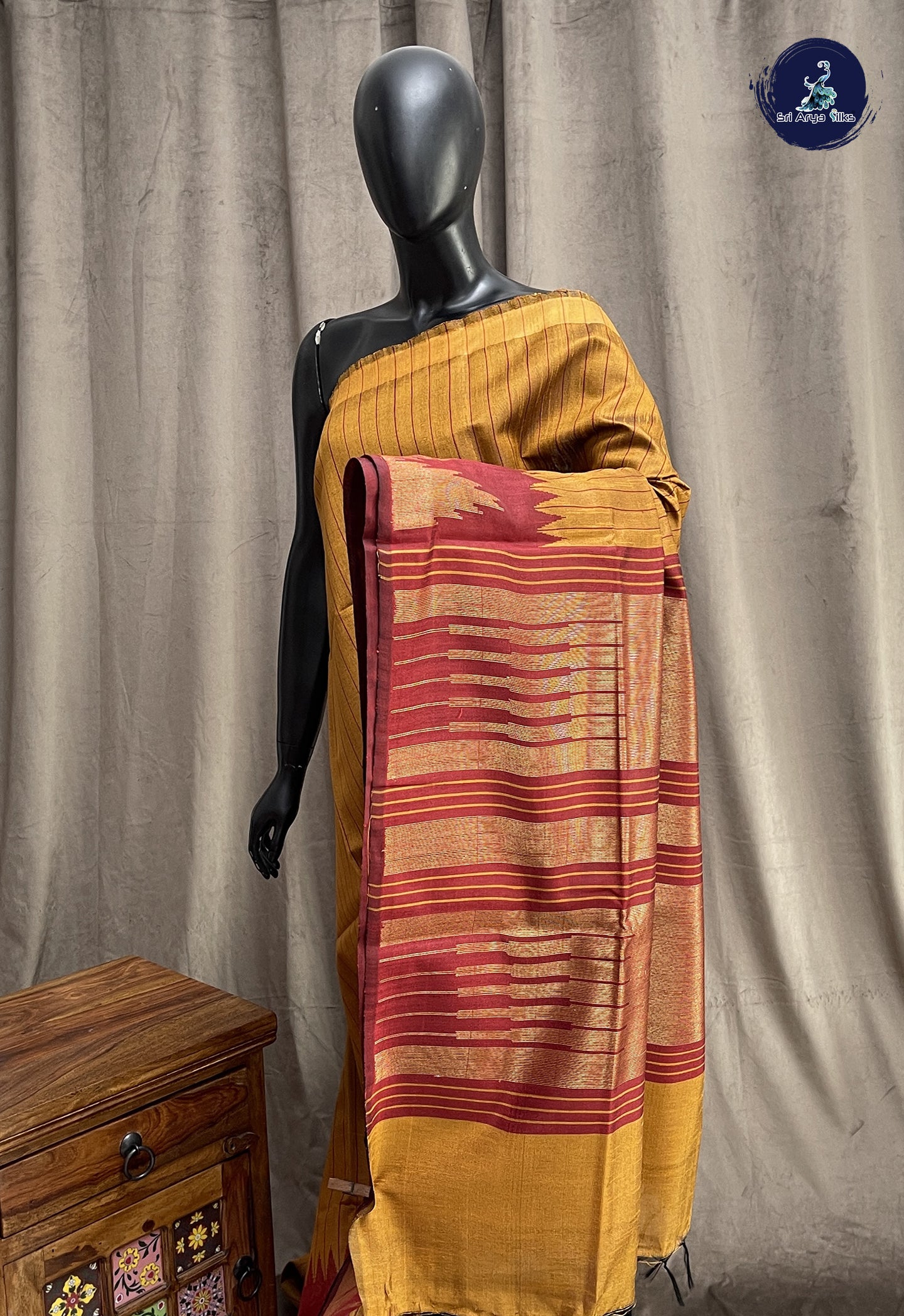 Mustard Yellow Raw Silk Saree With Stripes Pattern