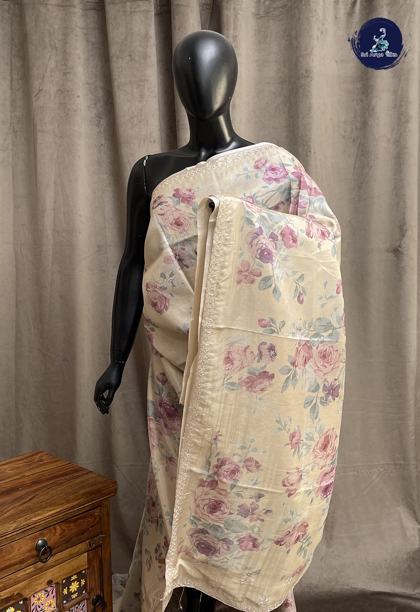 Fawn Banarasi Silk Saree With Printed Pattern