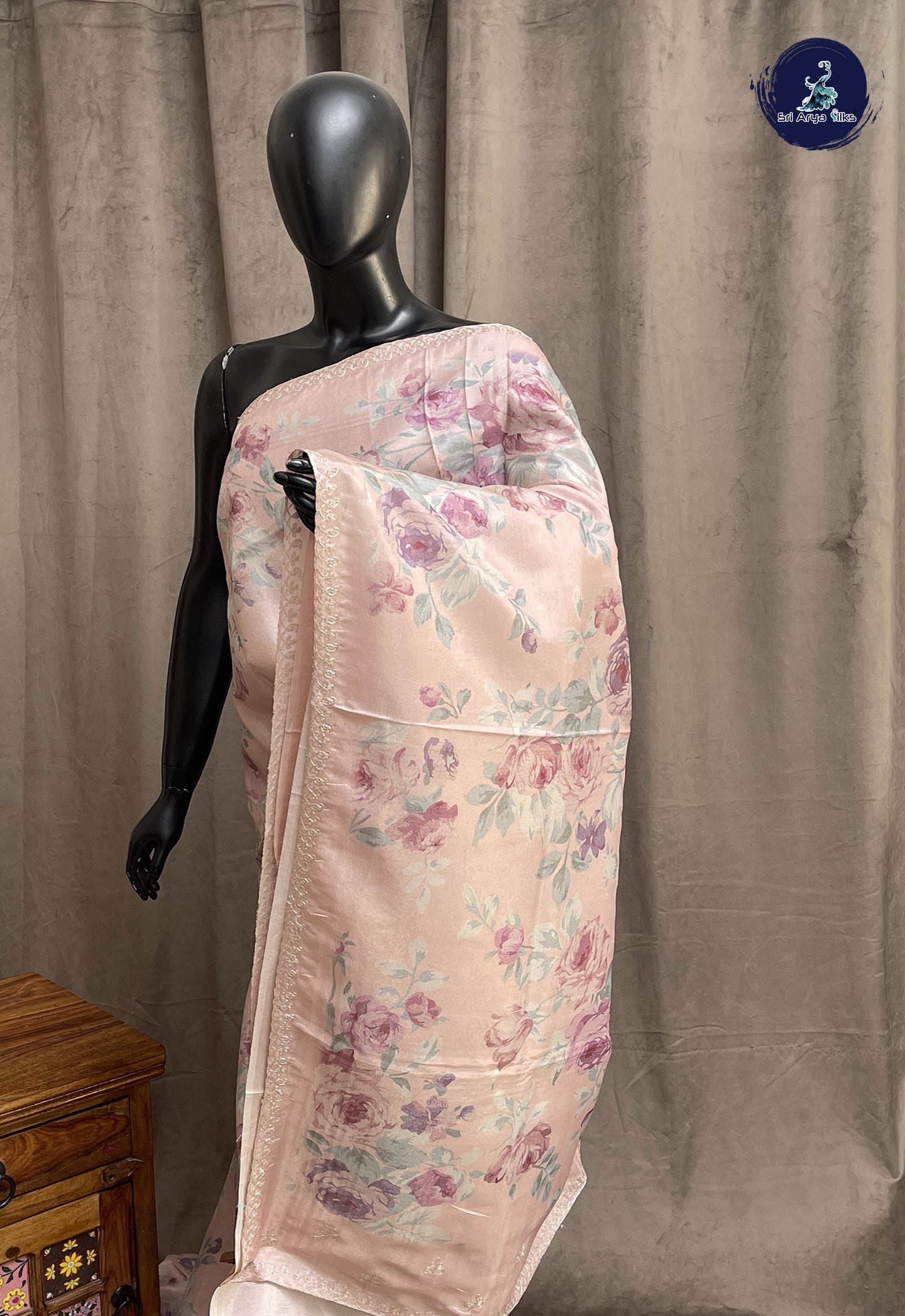 Light Peach Banarasi Silk Saree With Printed Pattern