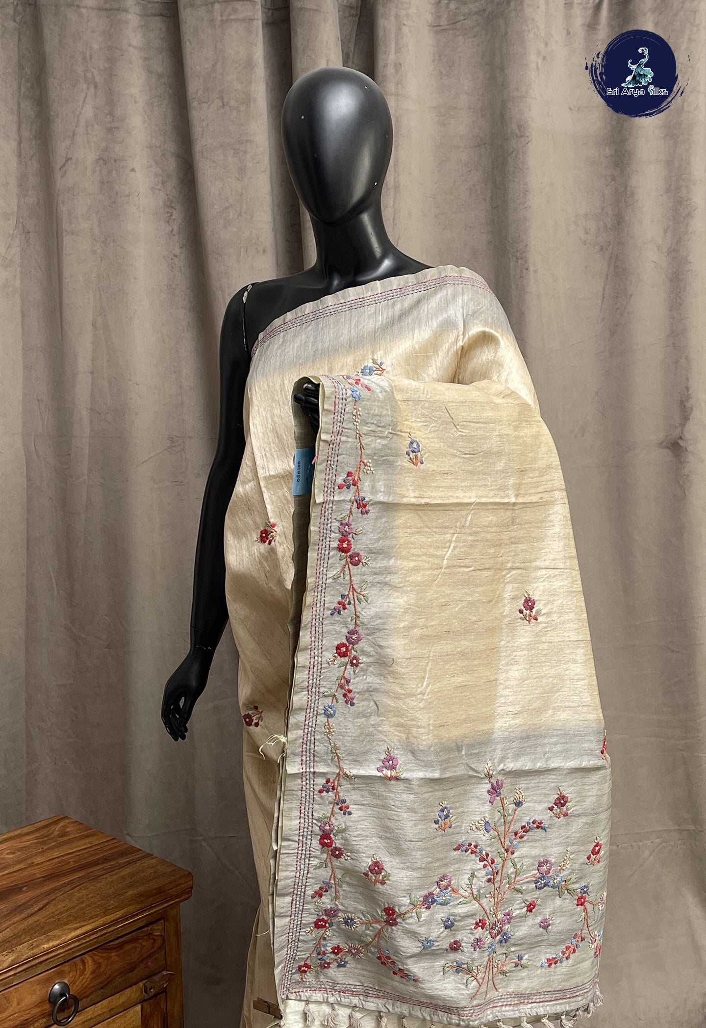 Fawn Tussar Saree With Embroidery Pattern