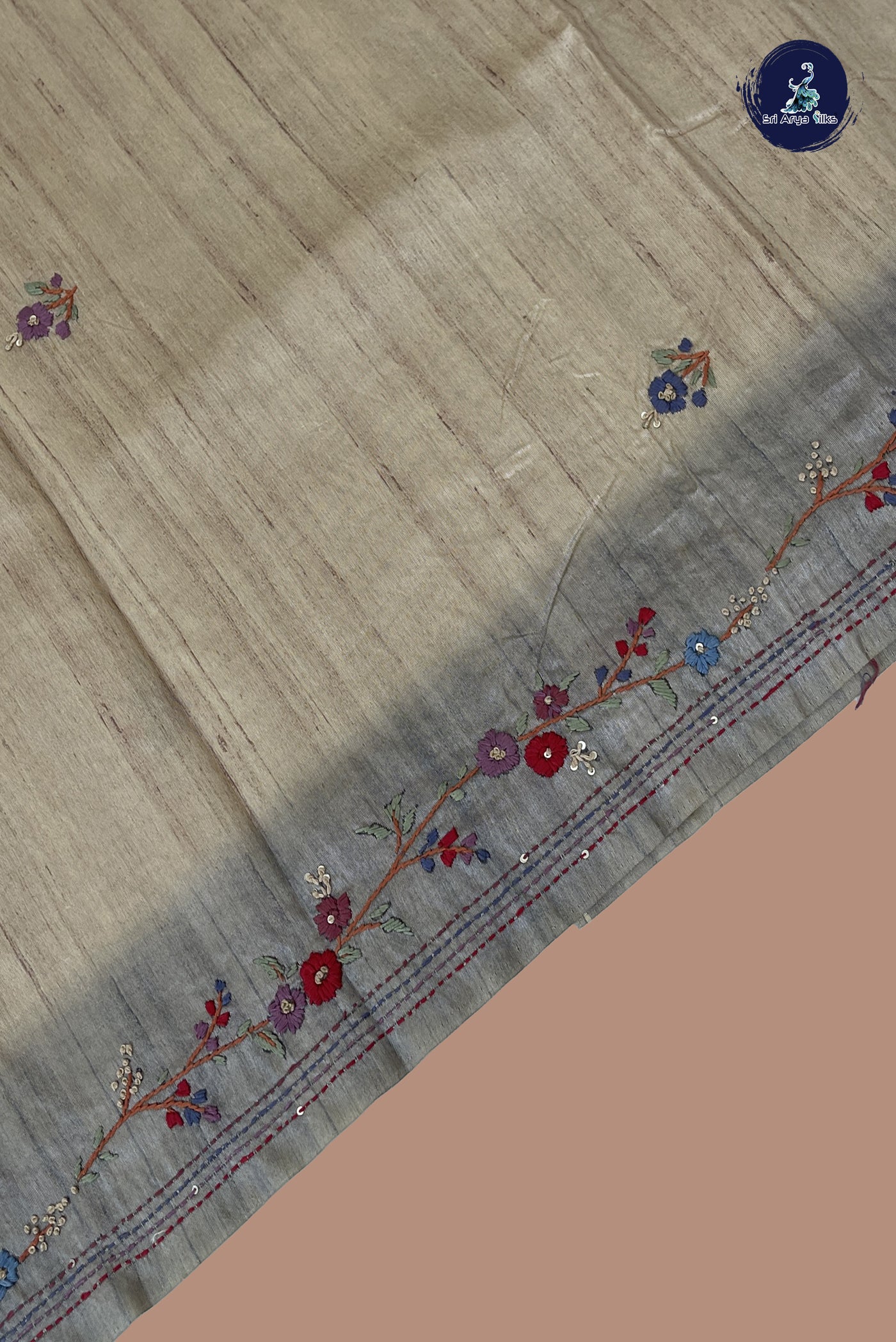 Fawn Tussar Saree With Embroidery Pattern