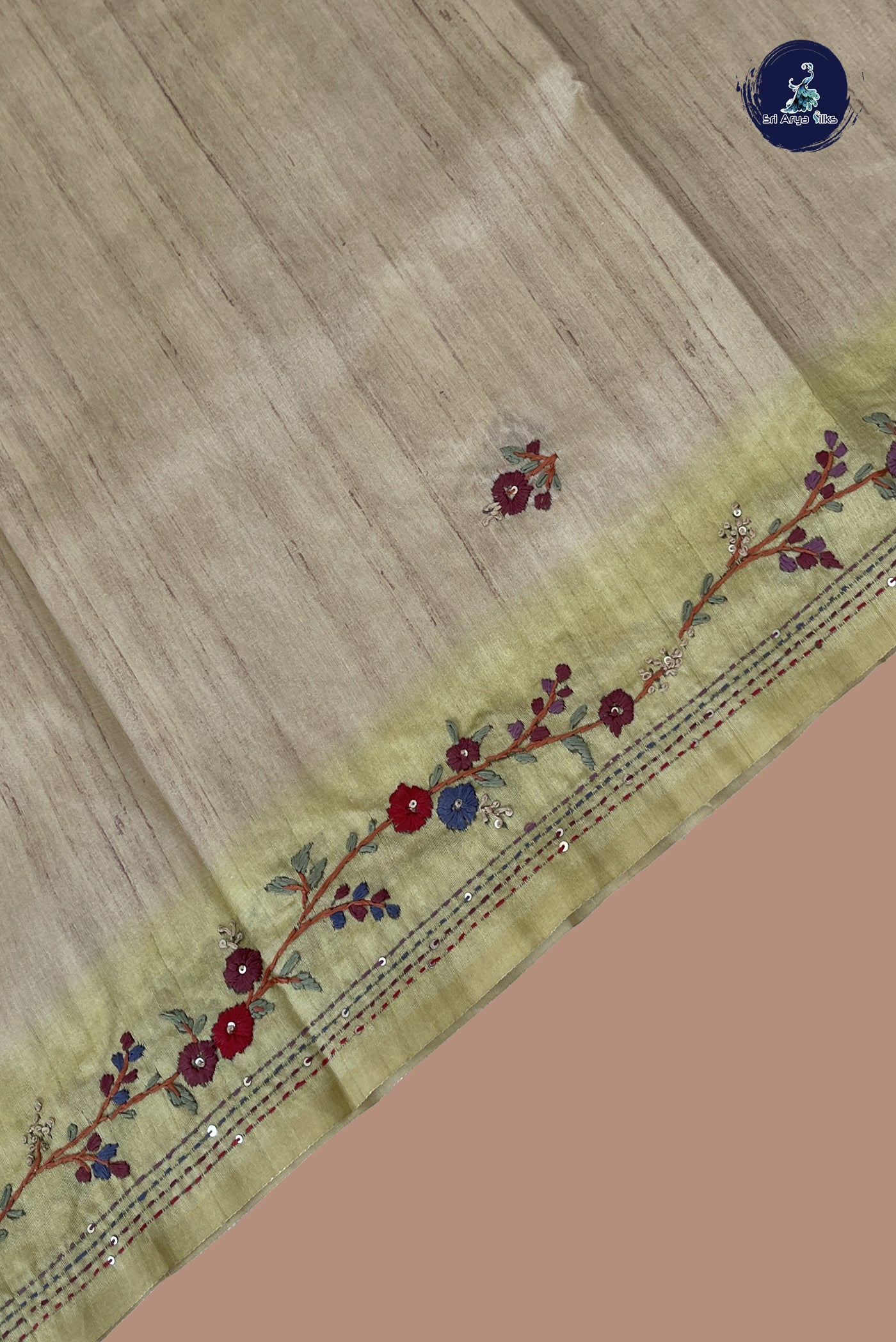 Beige Tussar Saree With Embroidery Pattern