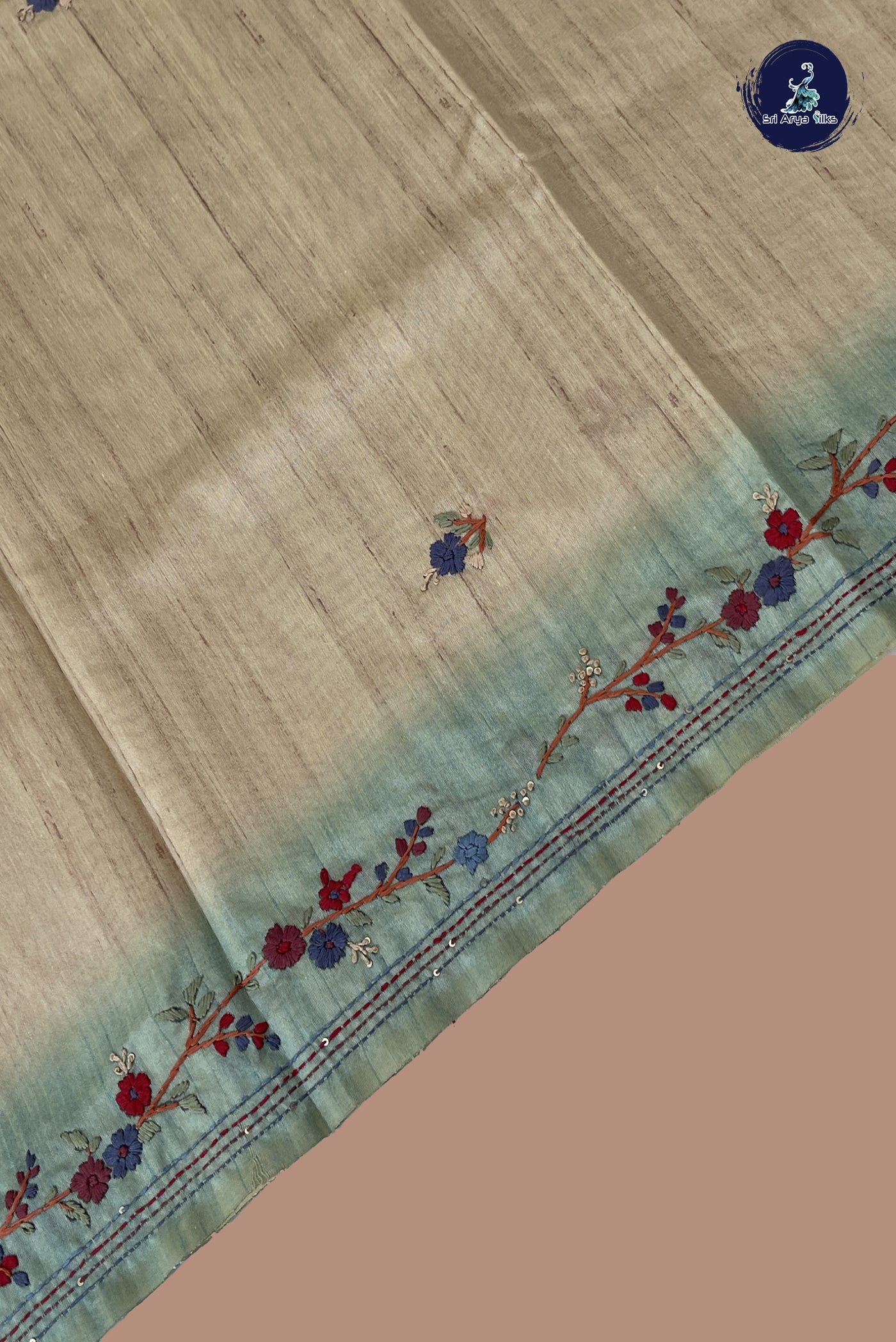 Beige Tussar Saree With Embroidery Pattern