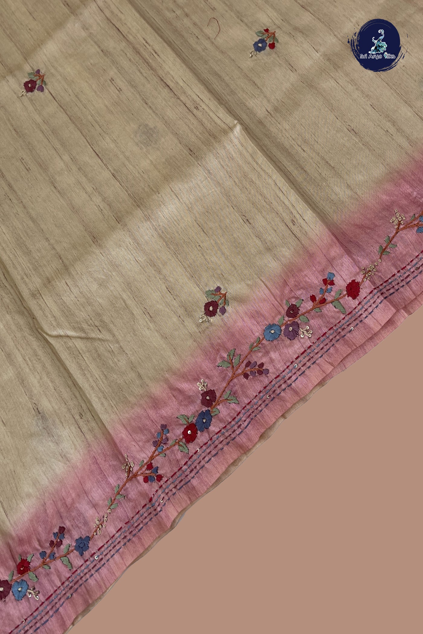 Beige Tussar Saree With Embroidery Pattern