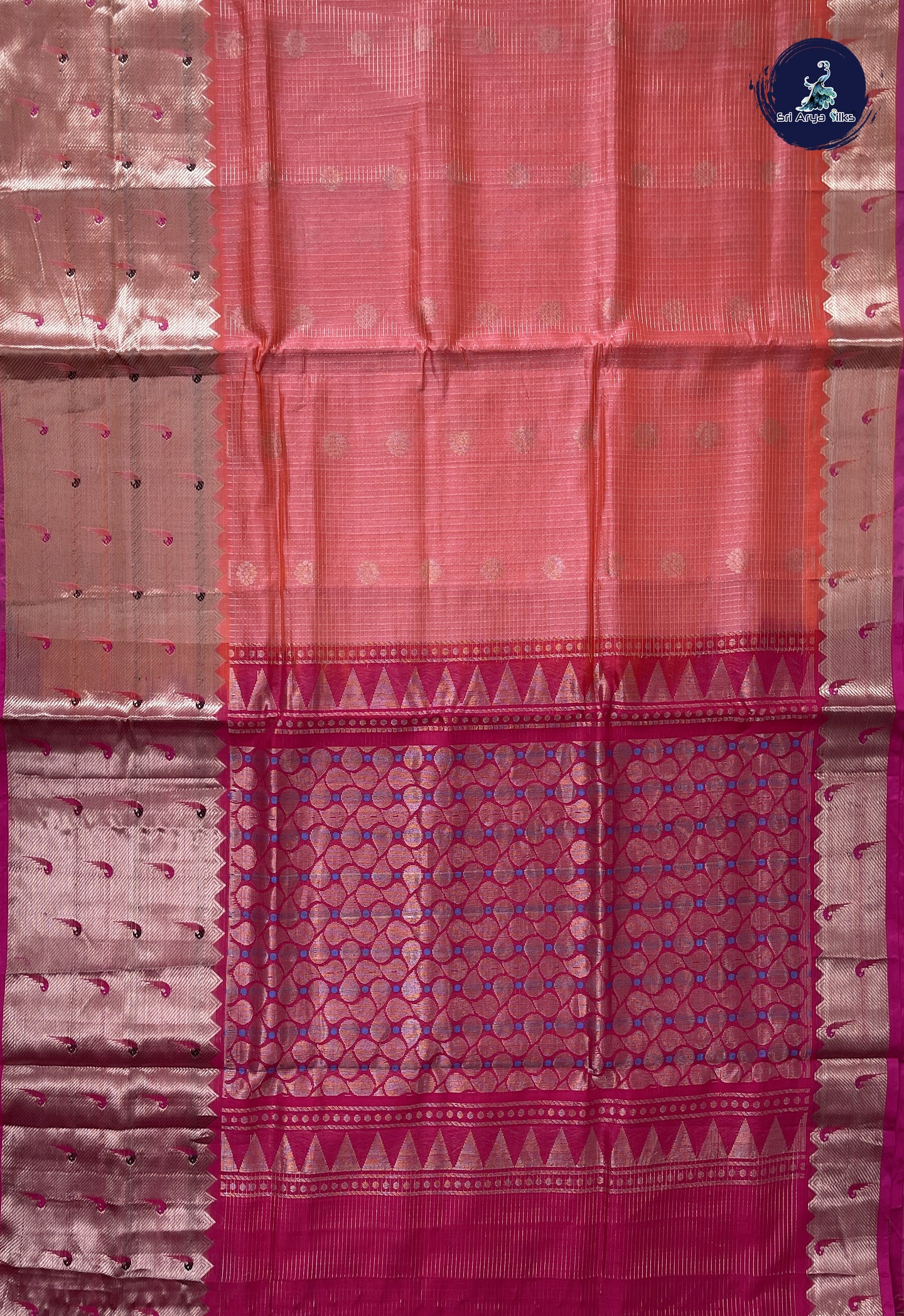 Orange Mangalgiri Silk Cotton With Zari Checked Pattern