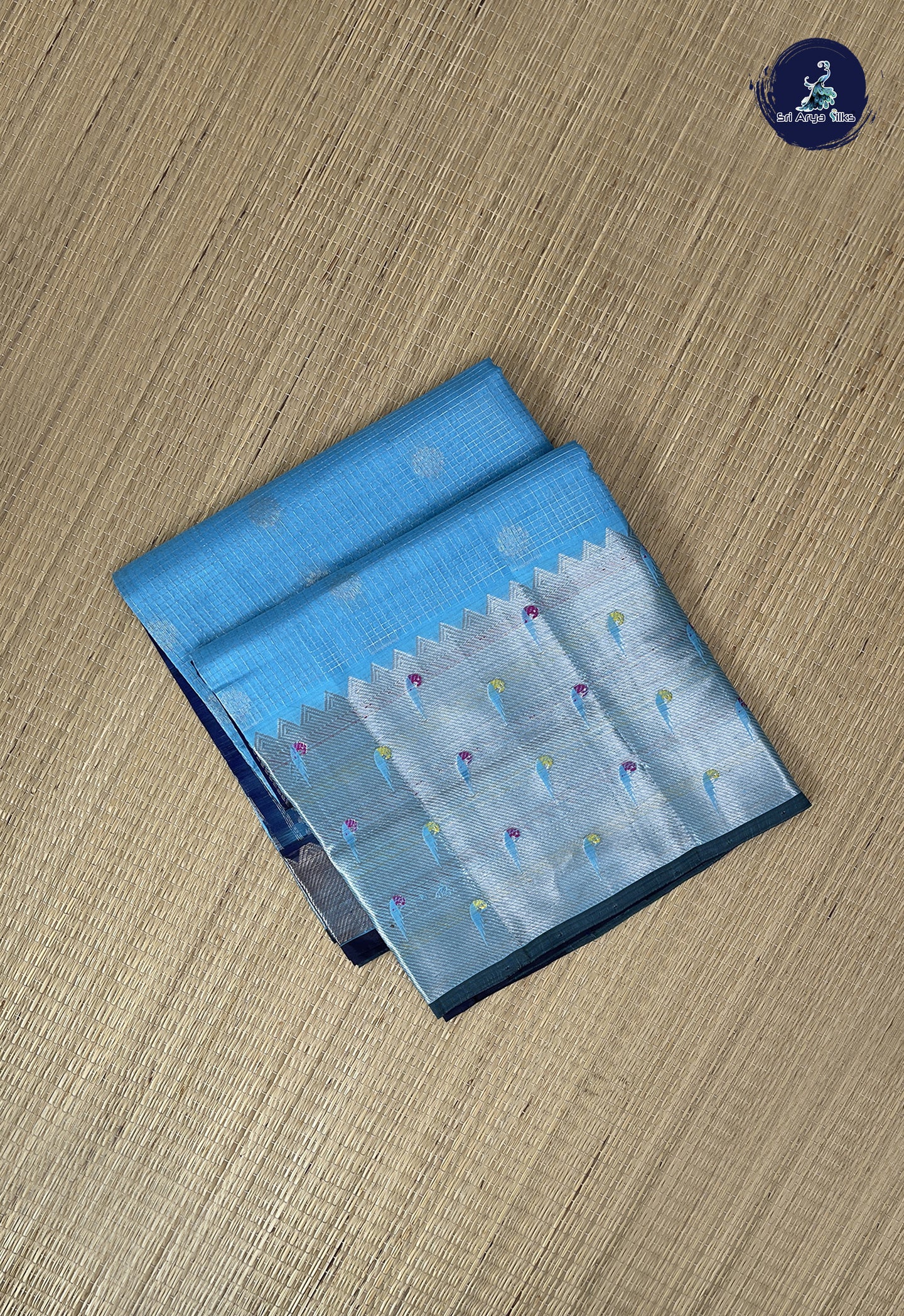 Light Blue Mangalgiri Silk Cotton With Zari Checked Pattern