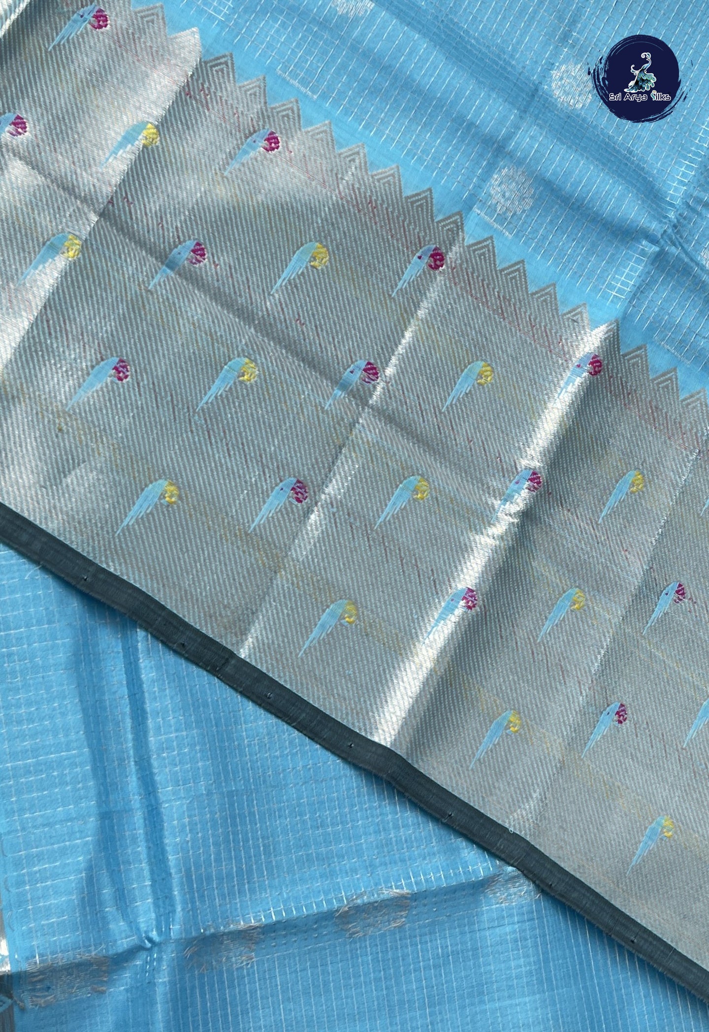 Light Blue Mangalgiri Silk Cotton With Zari Checked Pattern