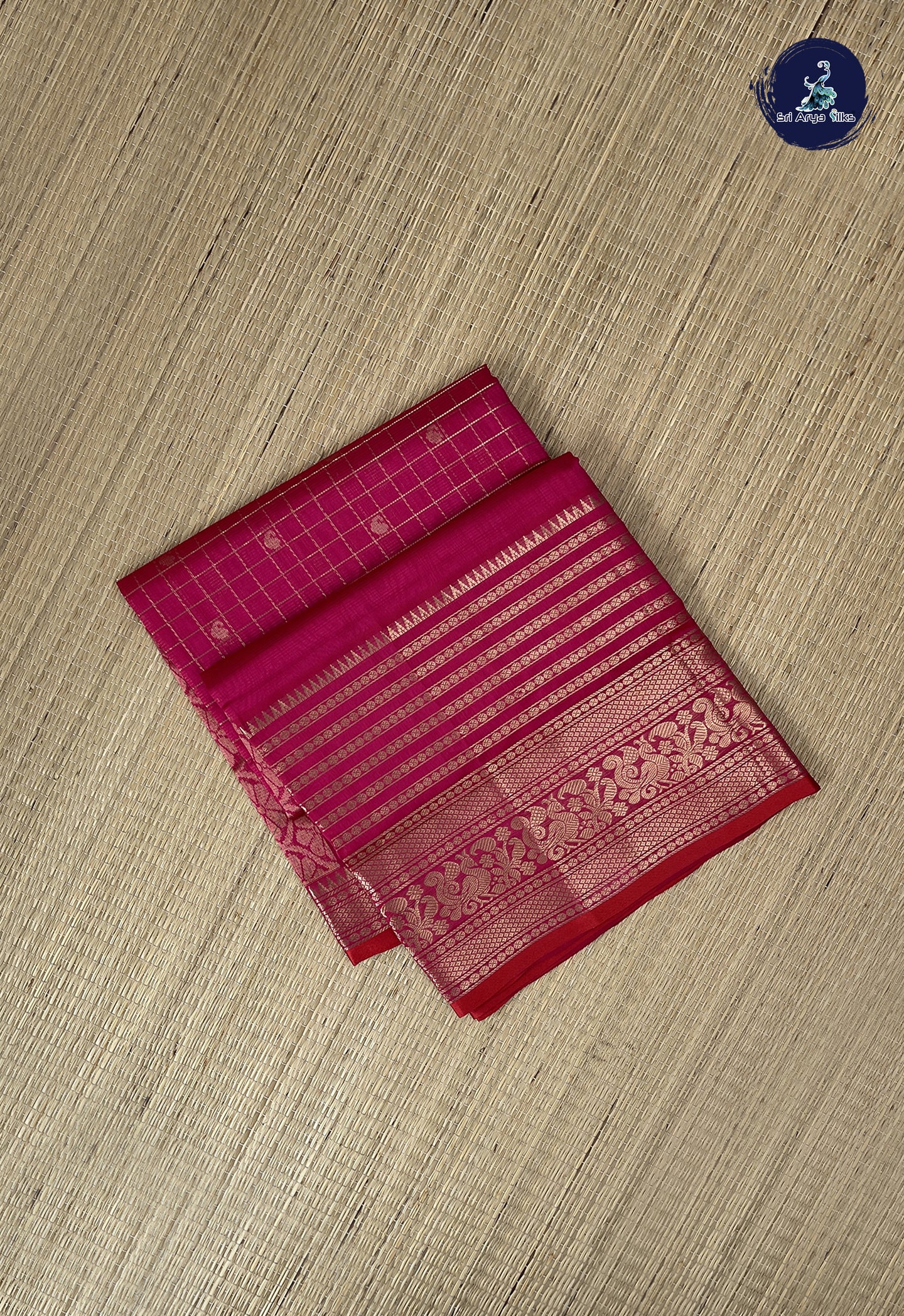 Dark Pink Mangalgiri Silk Cotton With Zari Checked Pattern