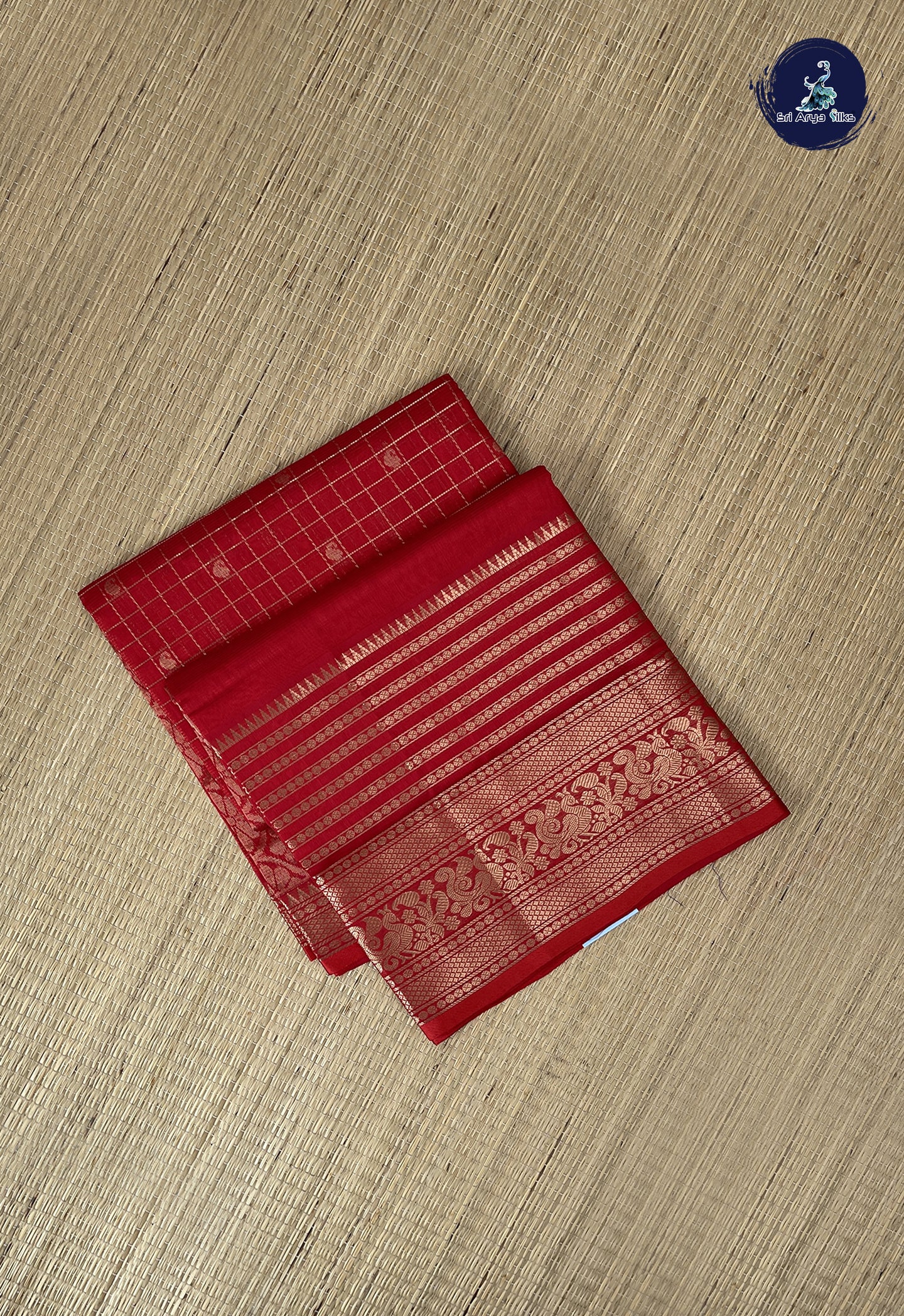Red Mangalgiri Silk Cotton With Zari Checked Pattern