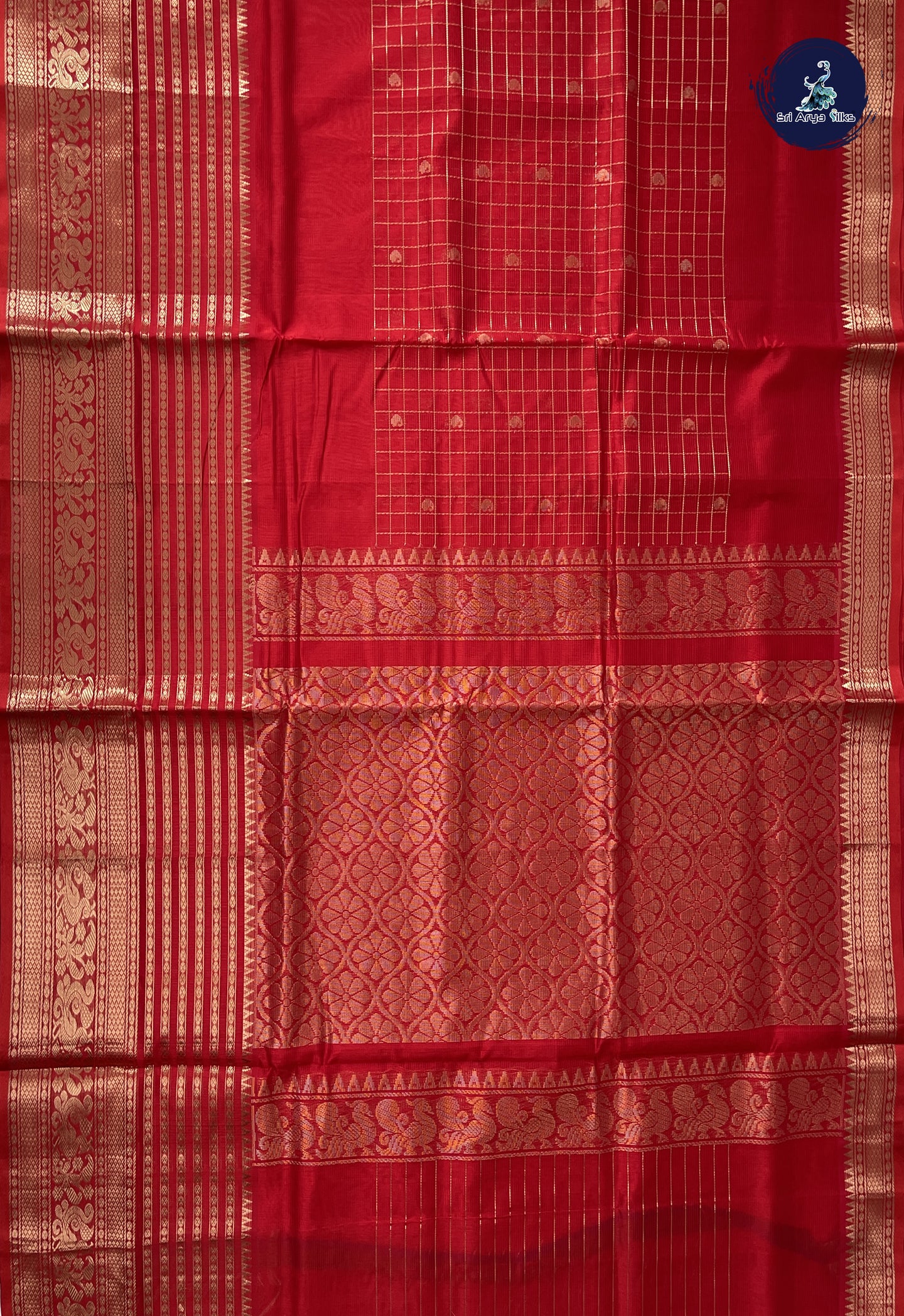 Red Mangalgiri Silk Cotton With Zari Checked Pattern