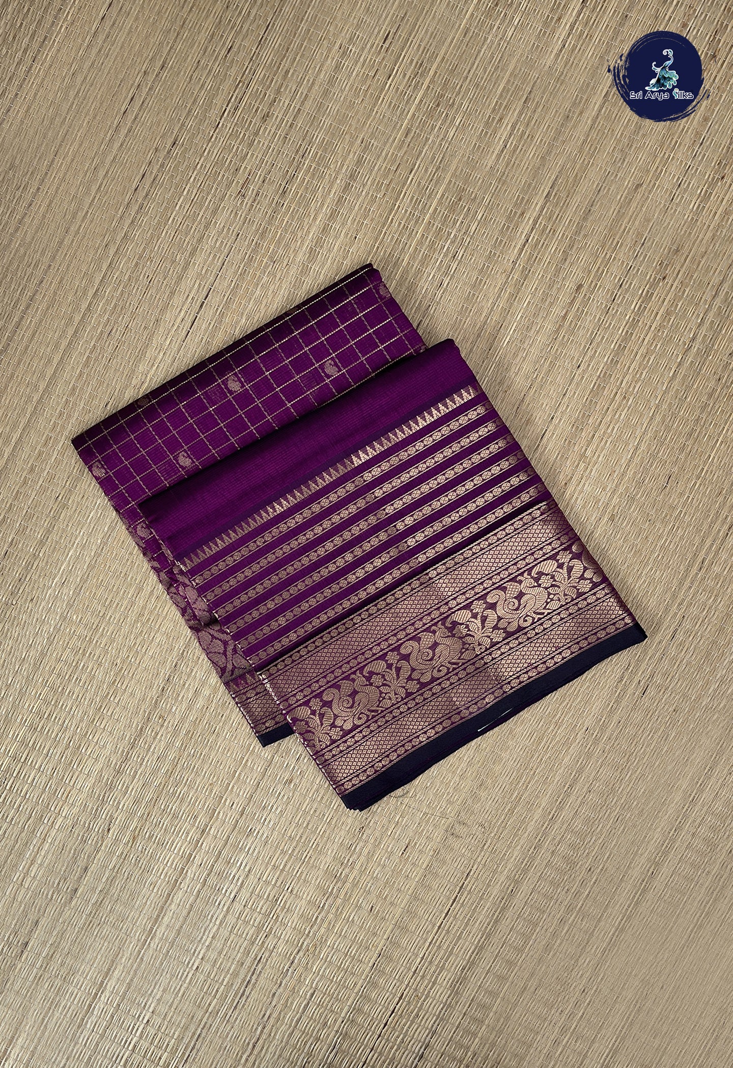 Dark Brinjal Mangalgiri Silk Cotton With Zari Checked Pattern