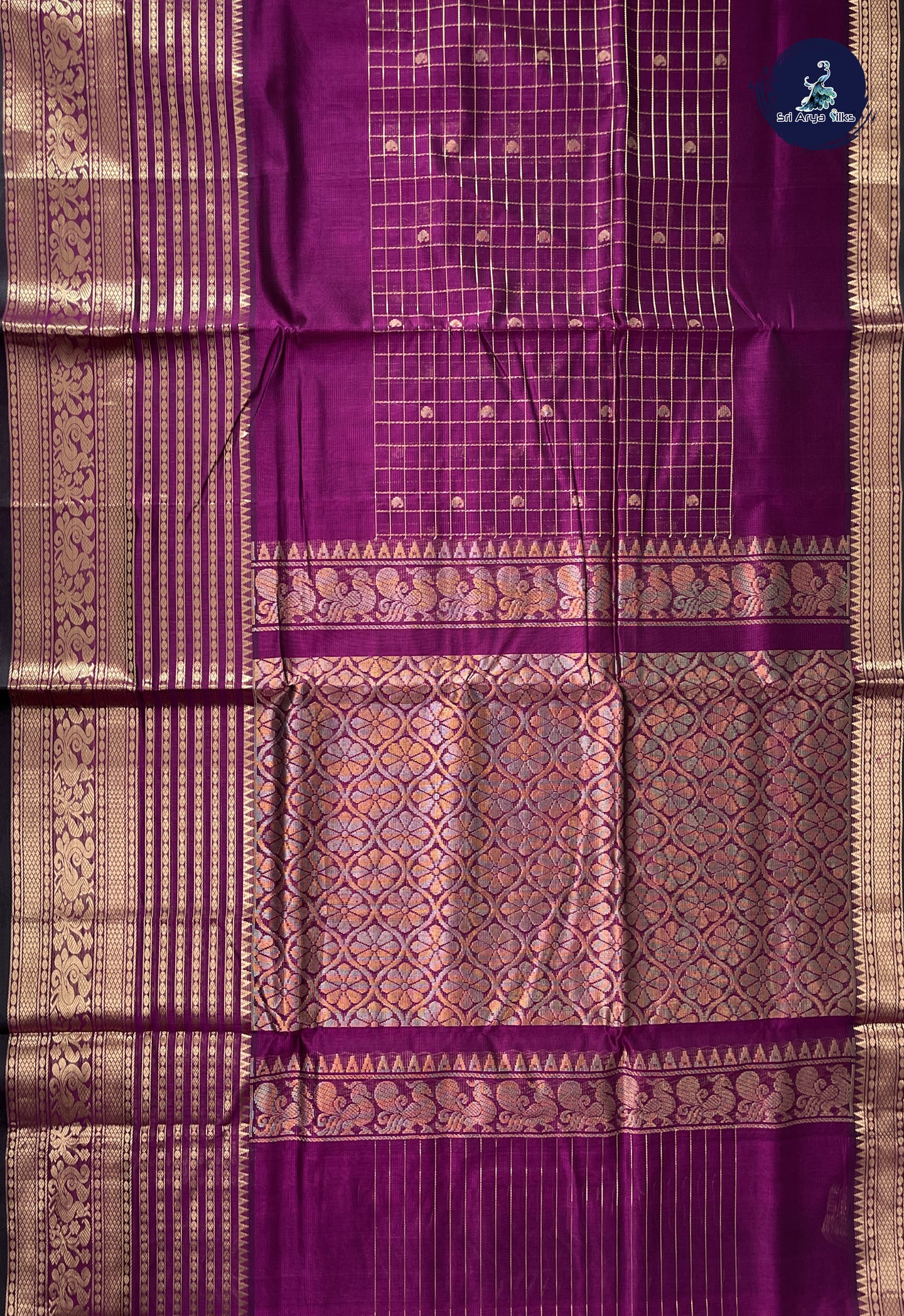 Dark Brinjal Mangalgiri Silk Cotton With Zari Checked Pattern