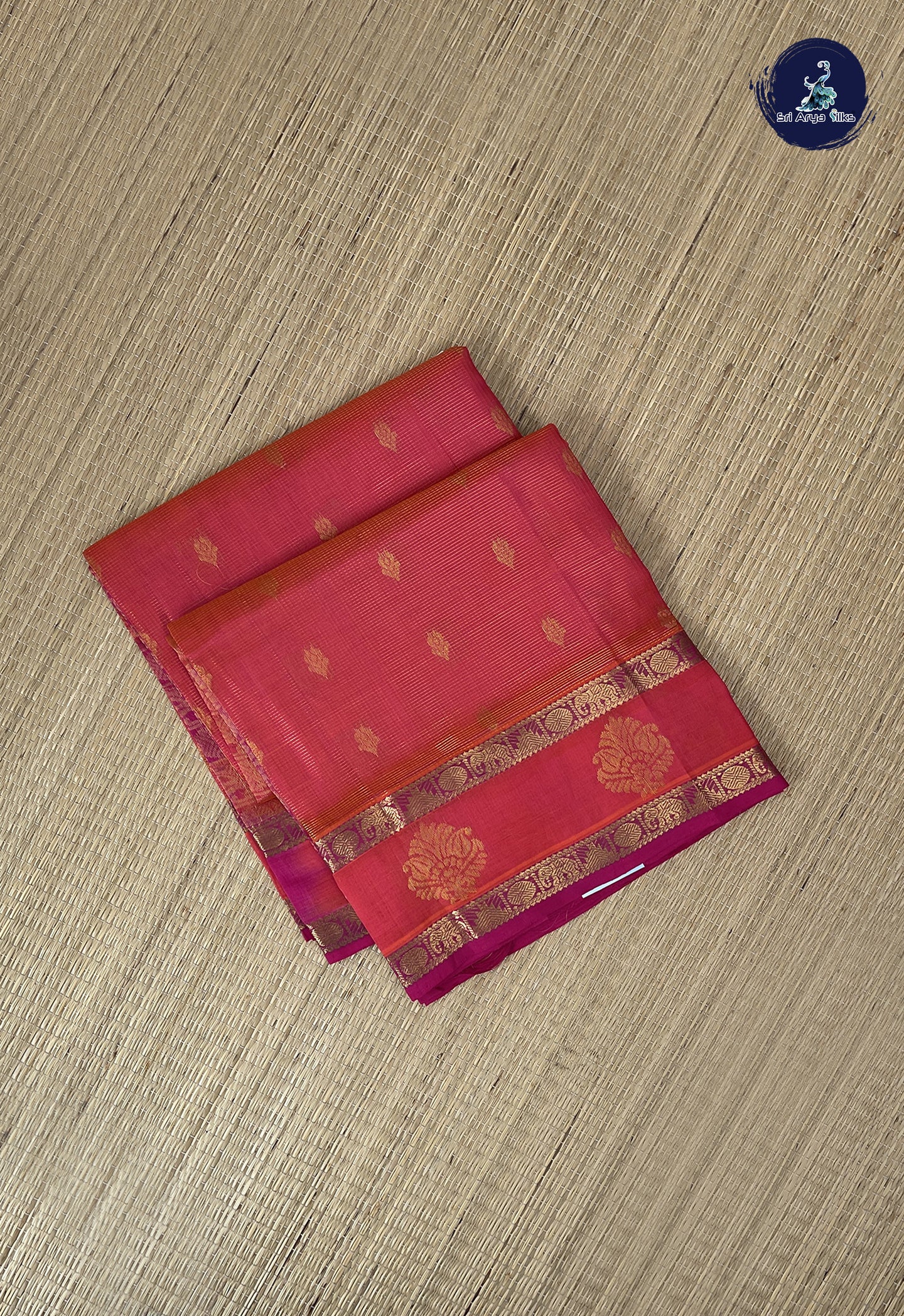 Pinkish Orange Mangalgiri Silk Cotton With Vaira Oosi Pattern