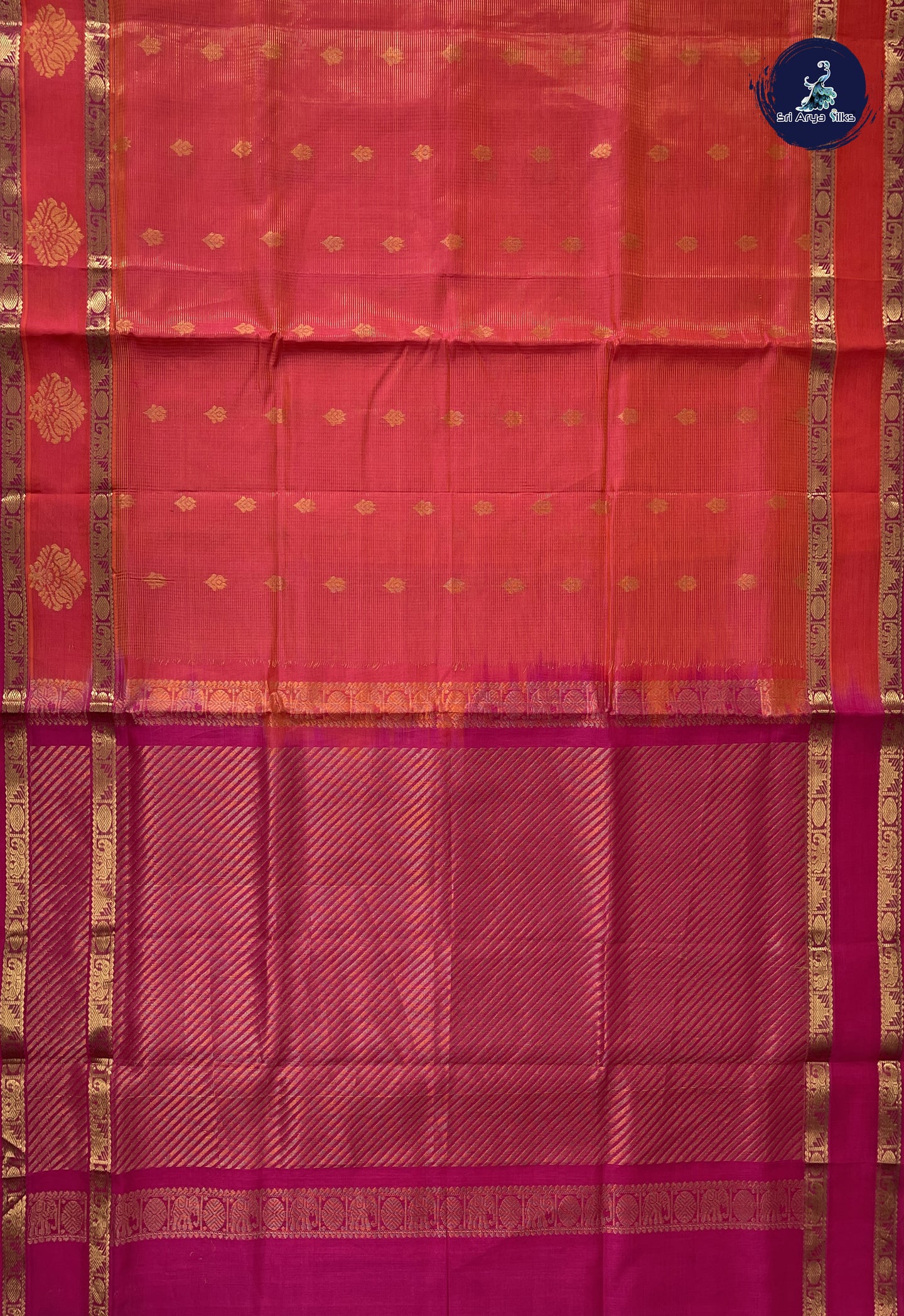 Pinkish Orange Mangalgiri Silk Cotton With Vaira Oosi Pattern
