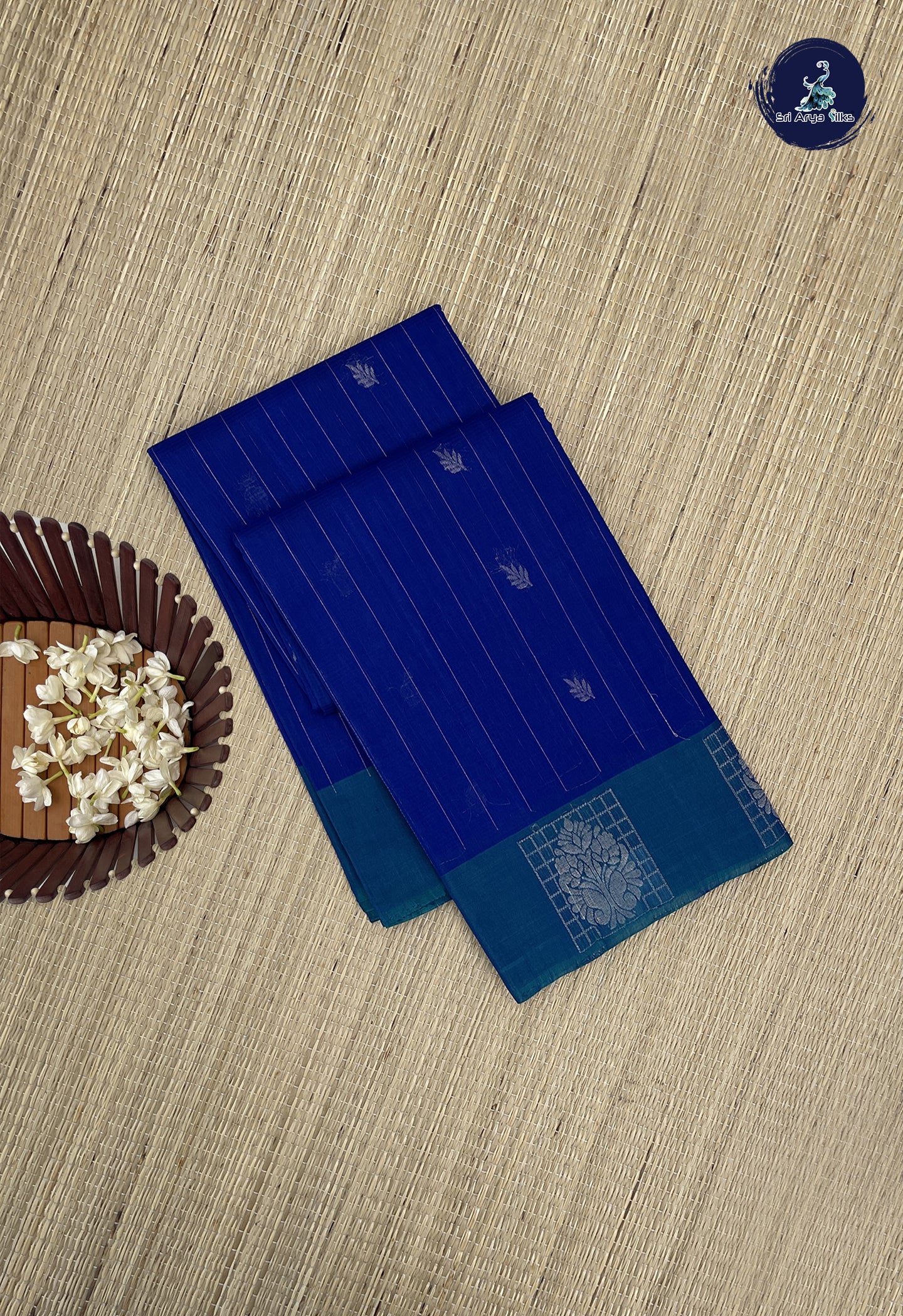 Dark Blue Kora Sico Silk Cotton With Stripes Pattern