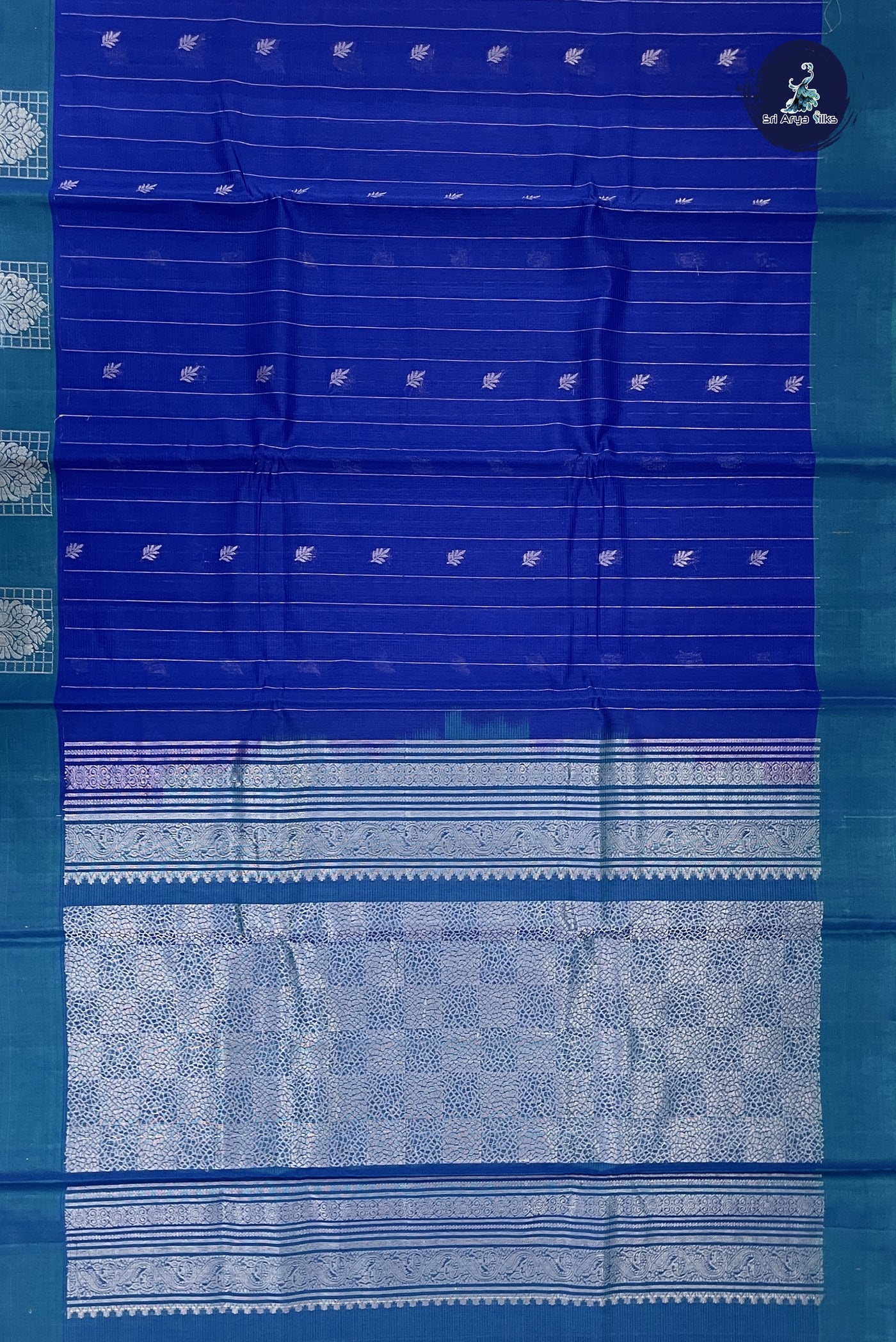 Dark Blue Kora Sico Silk Cotton With Stripes Pattern