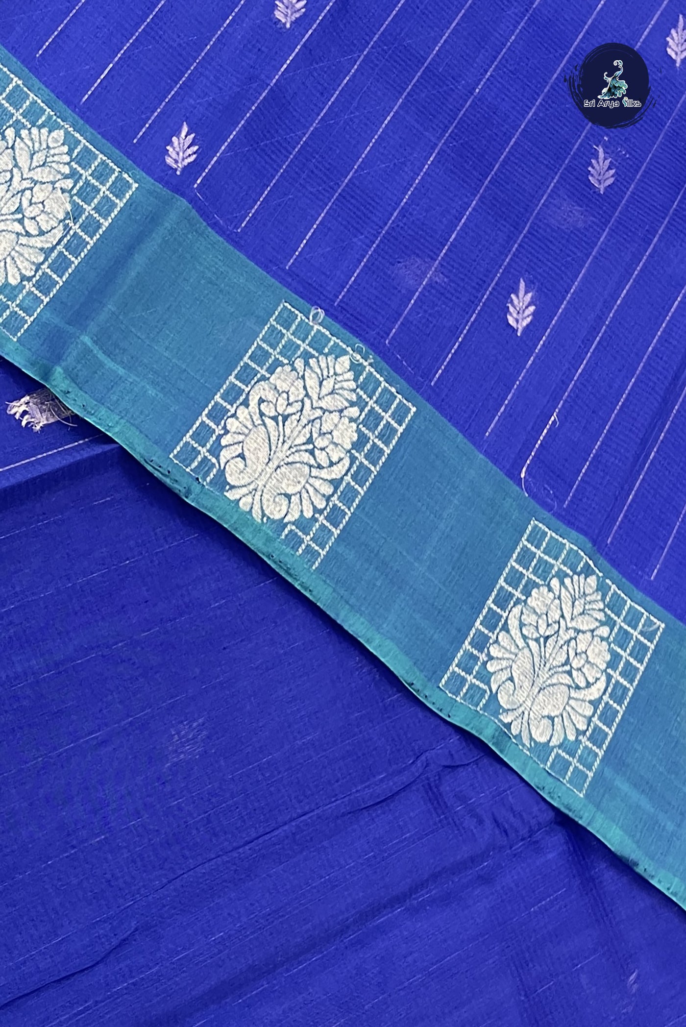Dark Blue Kora Sico Silk Cotton With Stripes Pattern