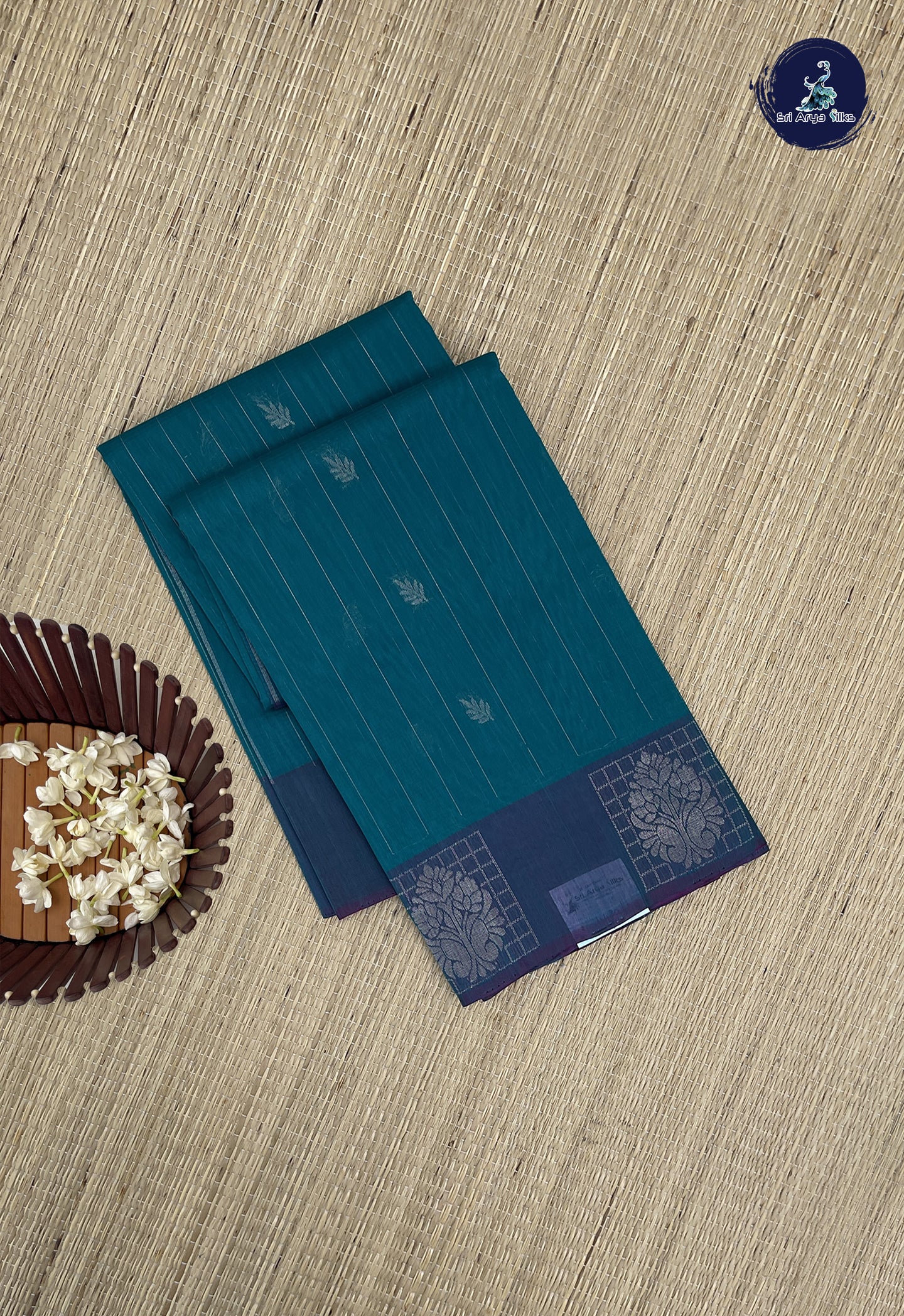 Teal Kora Sico Silk Cotton With Stripes Pattern