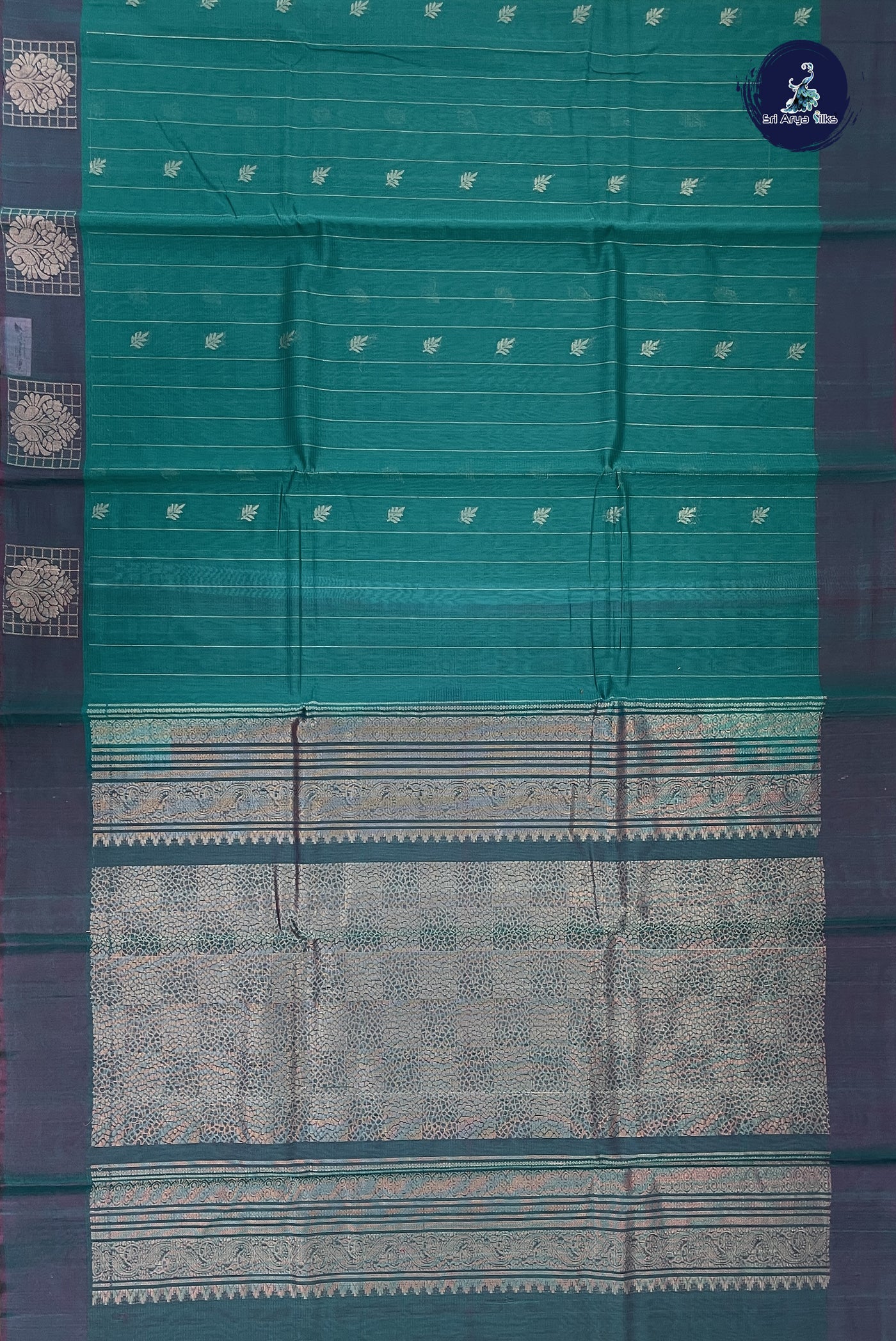 Teal Kora Sico Silk Cotton With Stripes Pattern