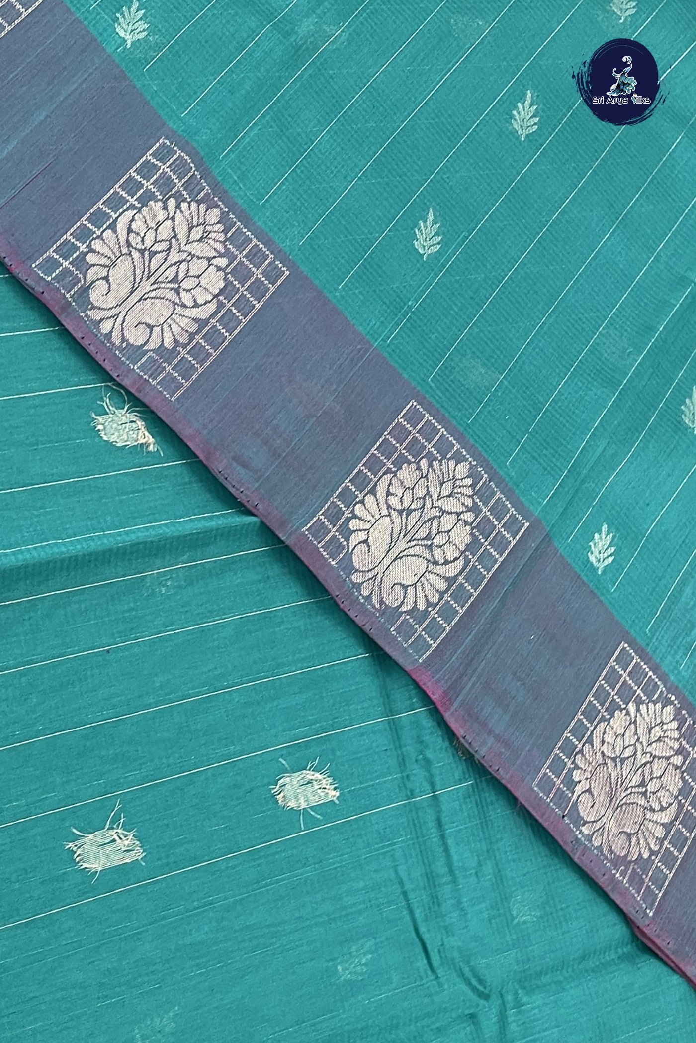 Teal Kora Sico Silk Cotton With Stripes Pattern
