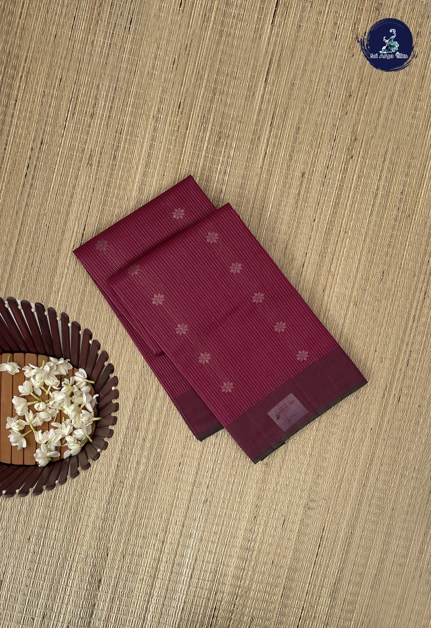 Pinkish Maroon Kora Sico Silk Cotton With Stripes Pattern