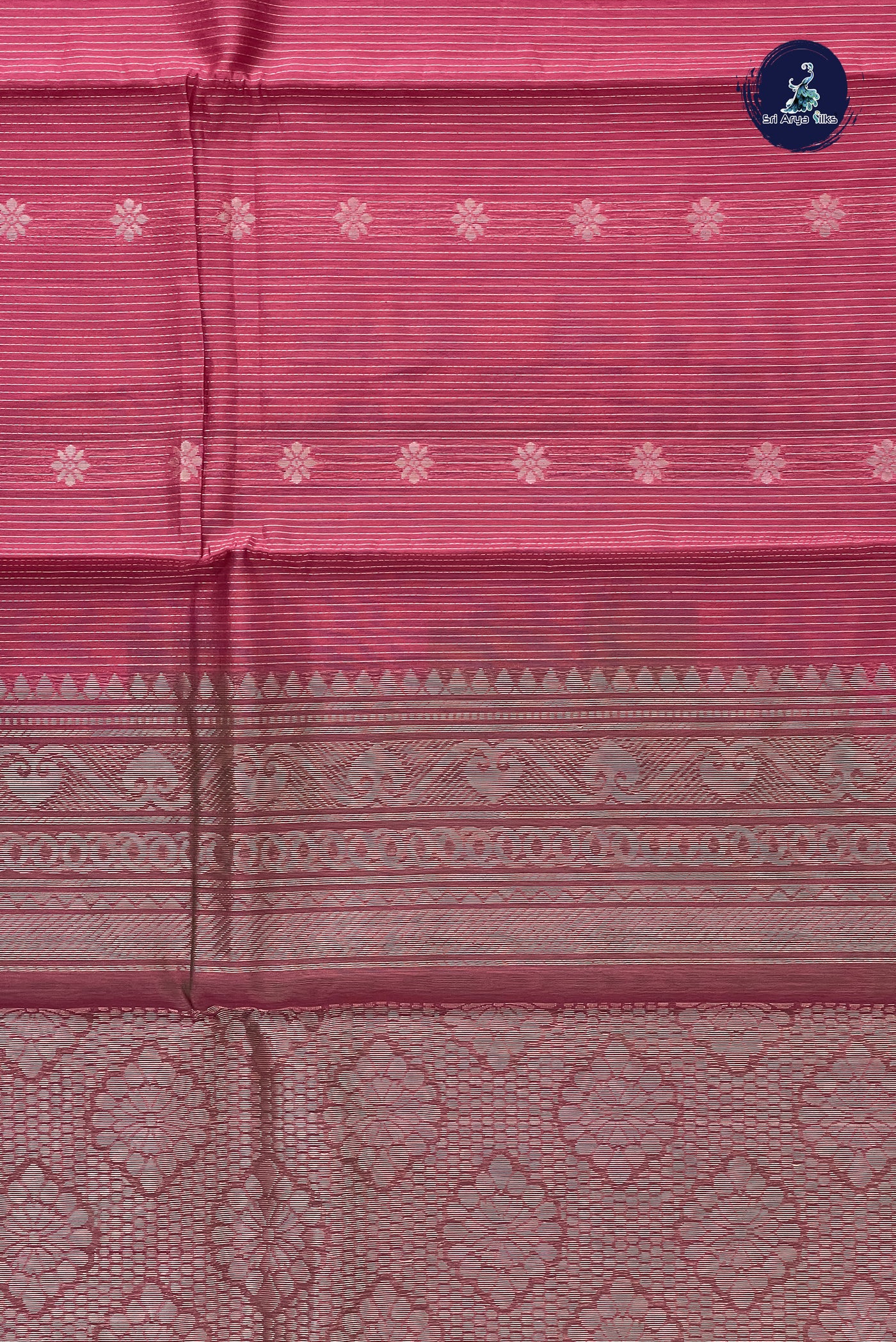 Pinkish Maroon Kora Sico Silk Cotton With Stripes Pattern