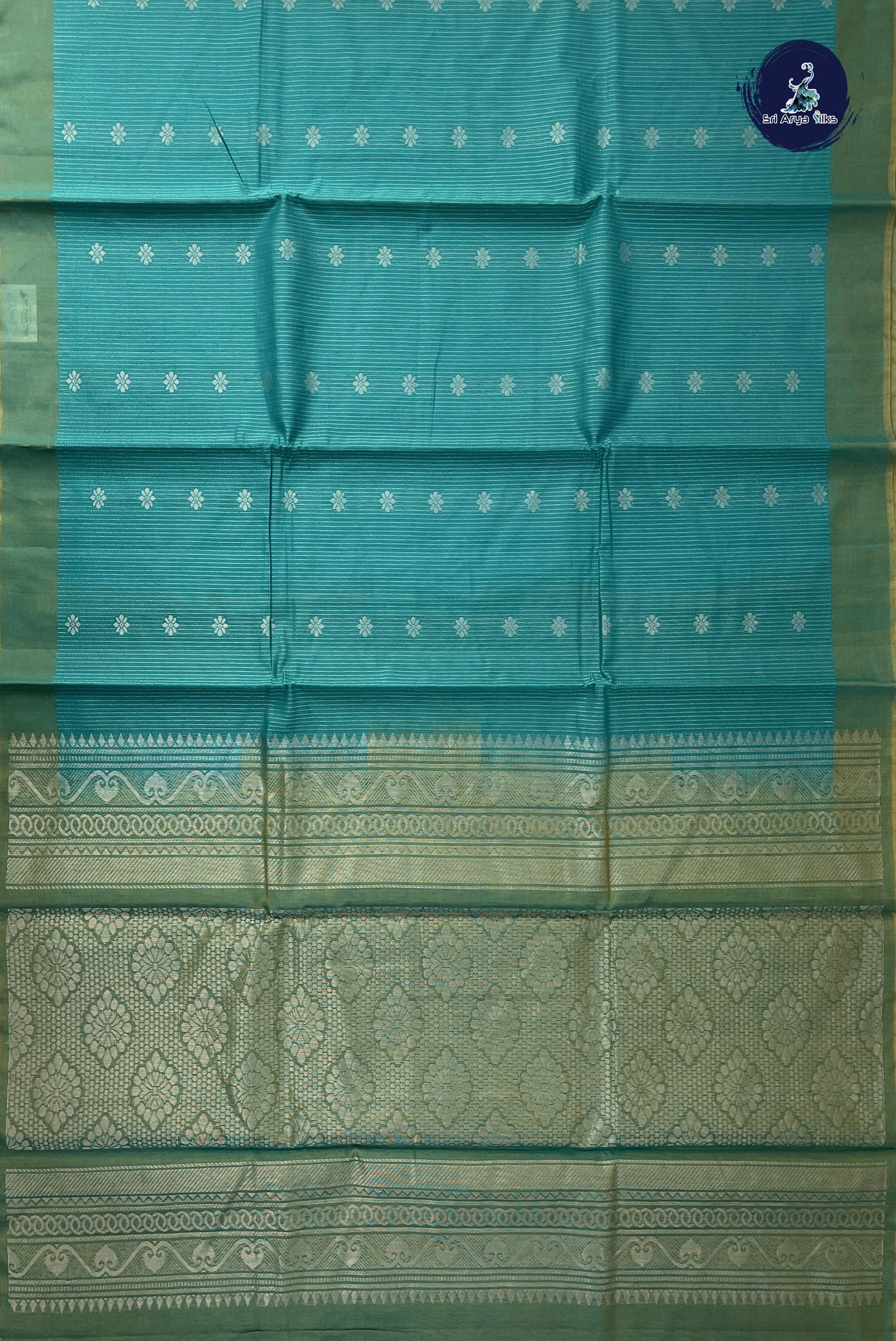 Teal Kora Sico Silk Cotton With Stripes Pattern