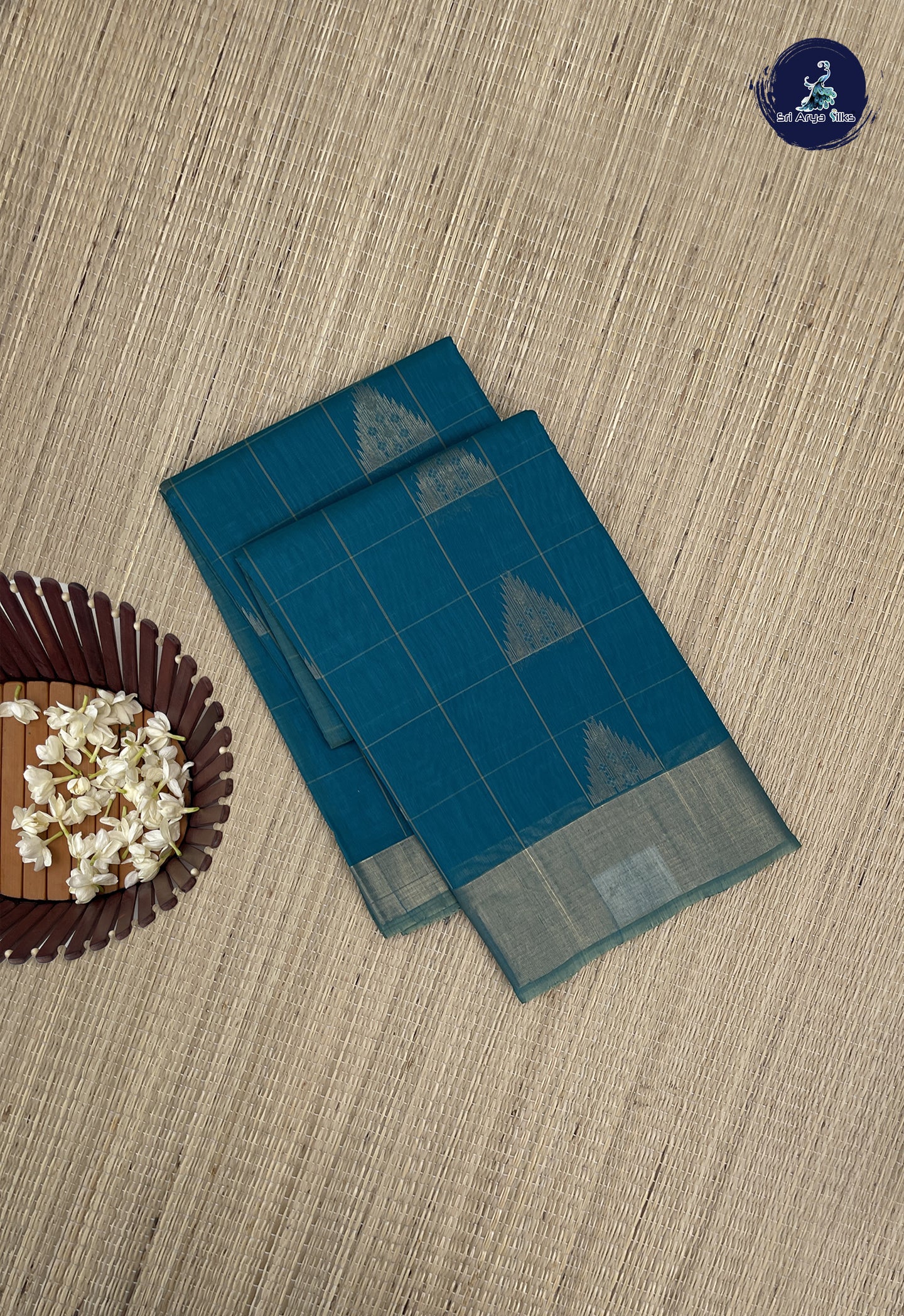 Teal Kora Sico Silk Cotton With Checked Pattern