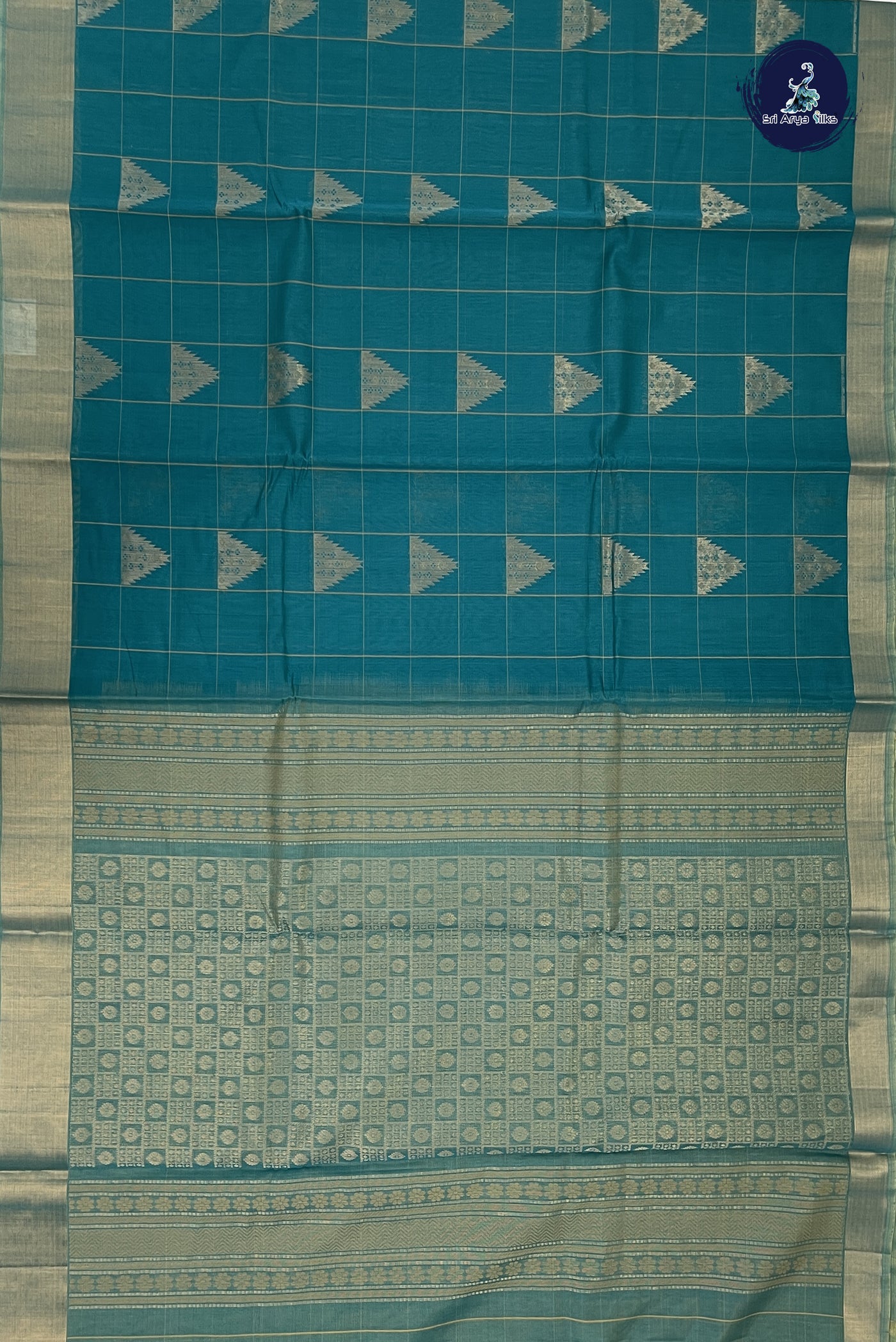 Teal Kora Sico Silk Cotton With Checked Pattern