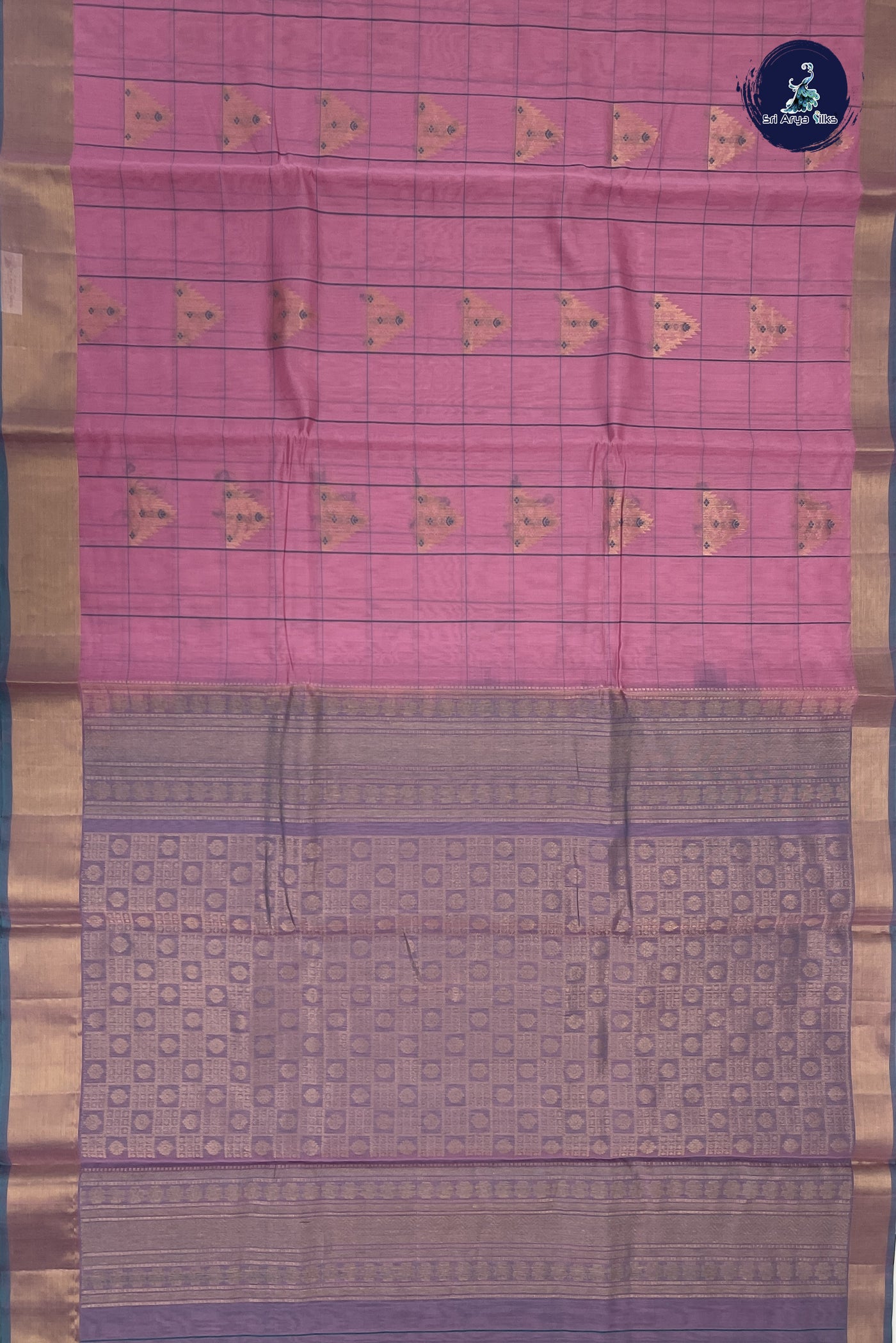 Light Pink Kora Sico Silk Cotton With Checked Pattern