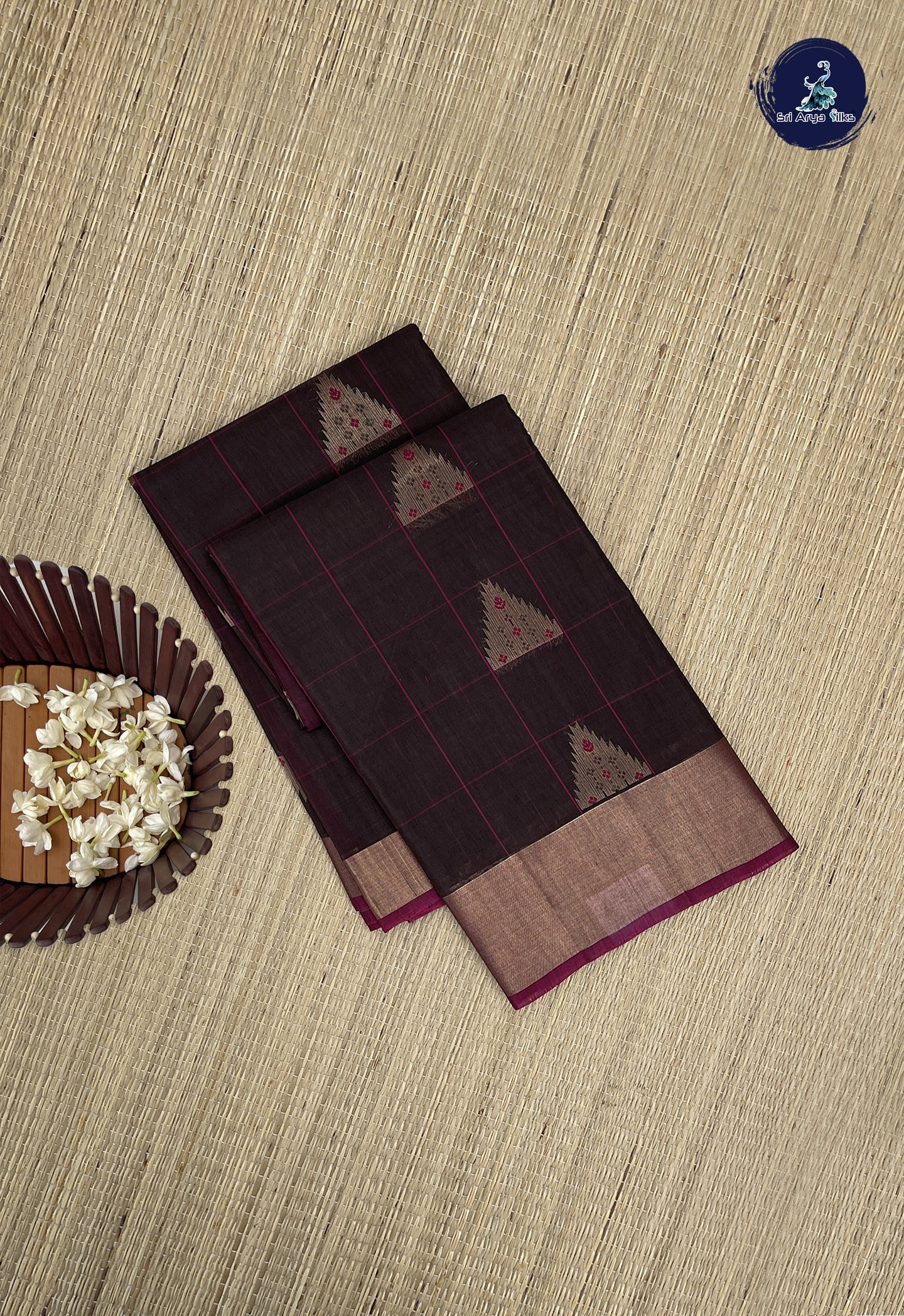 Coffee Brown Kora Sico Silk Cotton With Checked Pattern