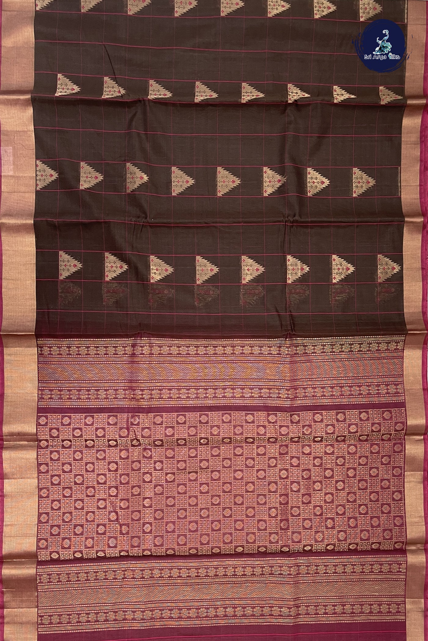 Coffee Brown Kora Sico Silk Cotton With Checked Pattern