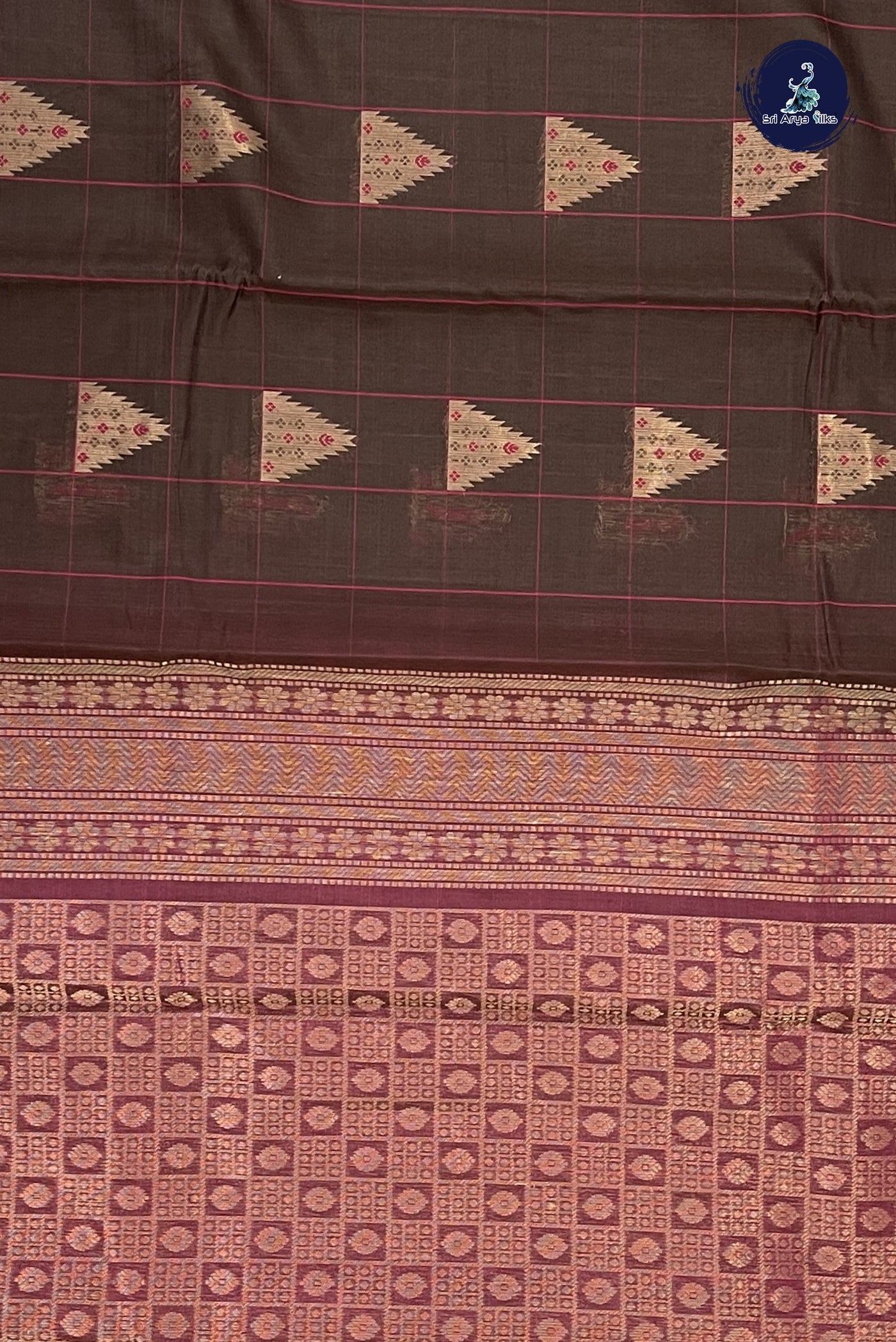 Coffee Brown Kora Sico Silk Cotton With Checked Pattern