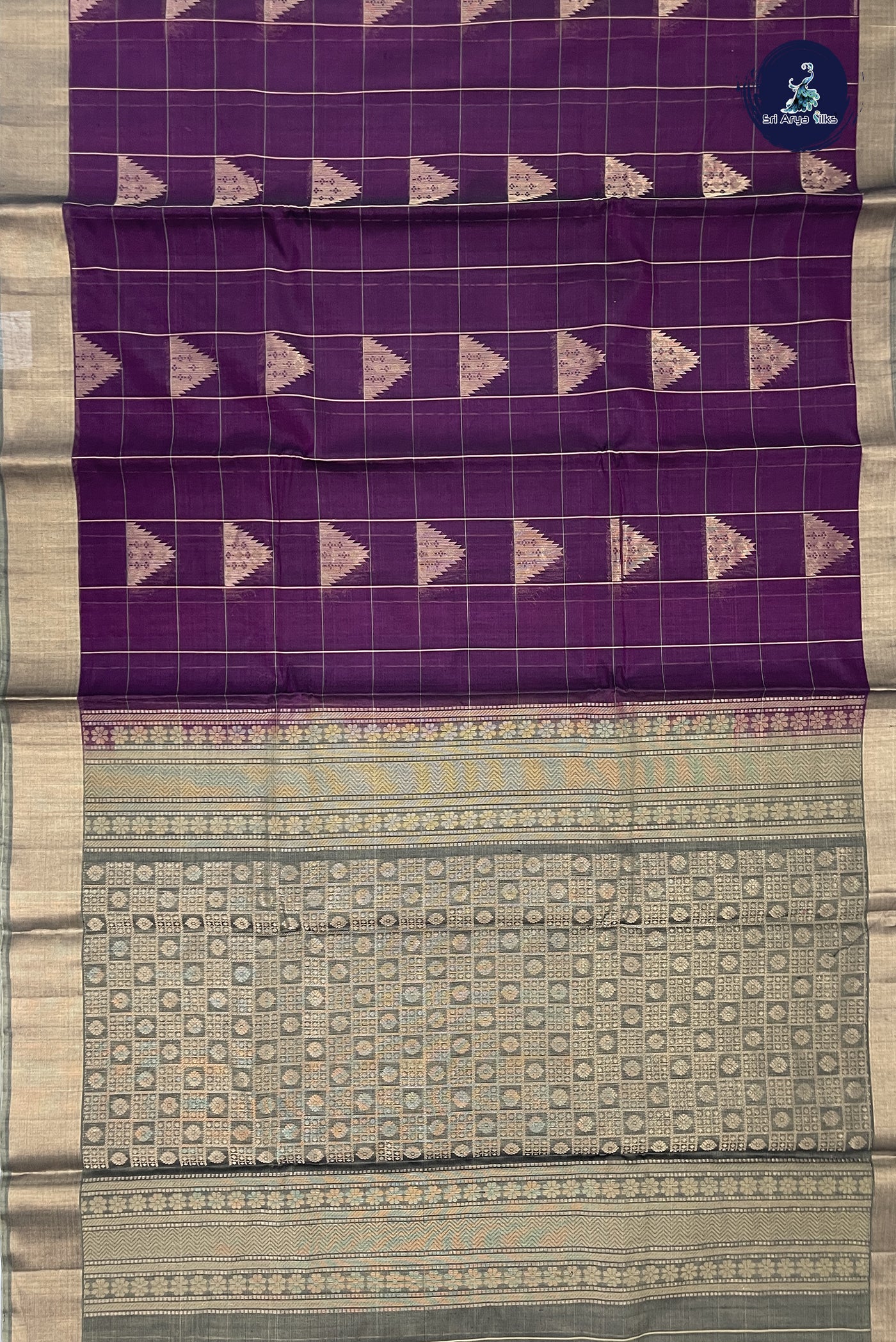 Dark Plum Kora Sico Silk Cotton With Checked Pattern