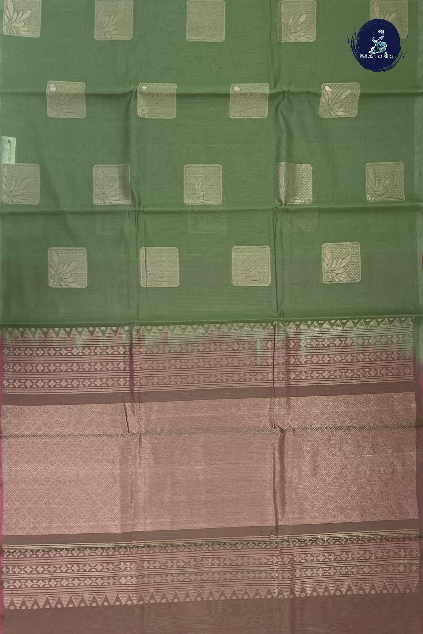 Olive Green Kora Sico Silk Cotton With Zari Buttas Pattern