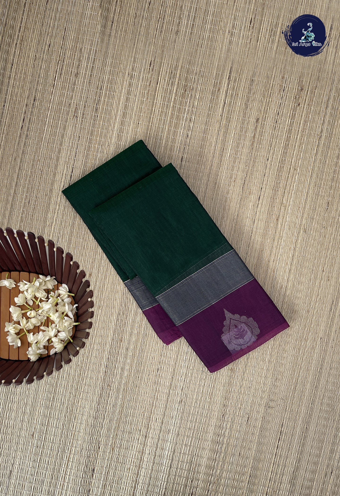 Bottle Green Kora Sico Silk Cotton With Plain Pattern