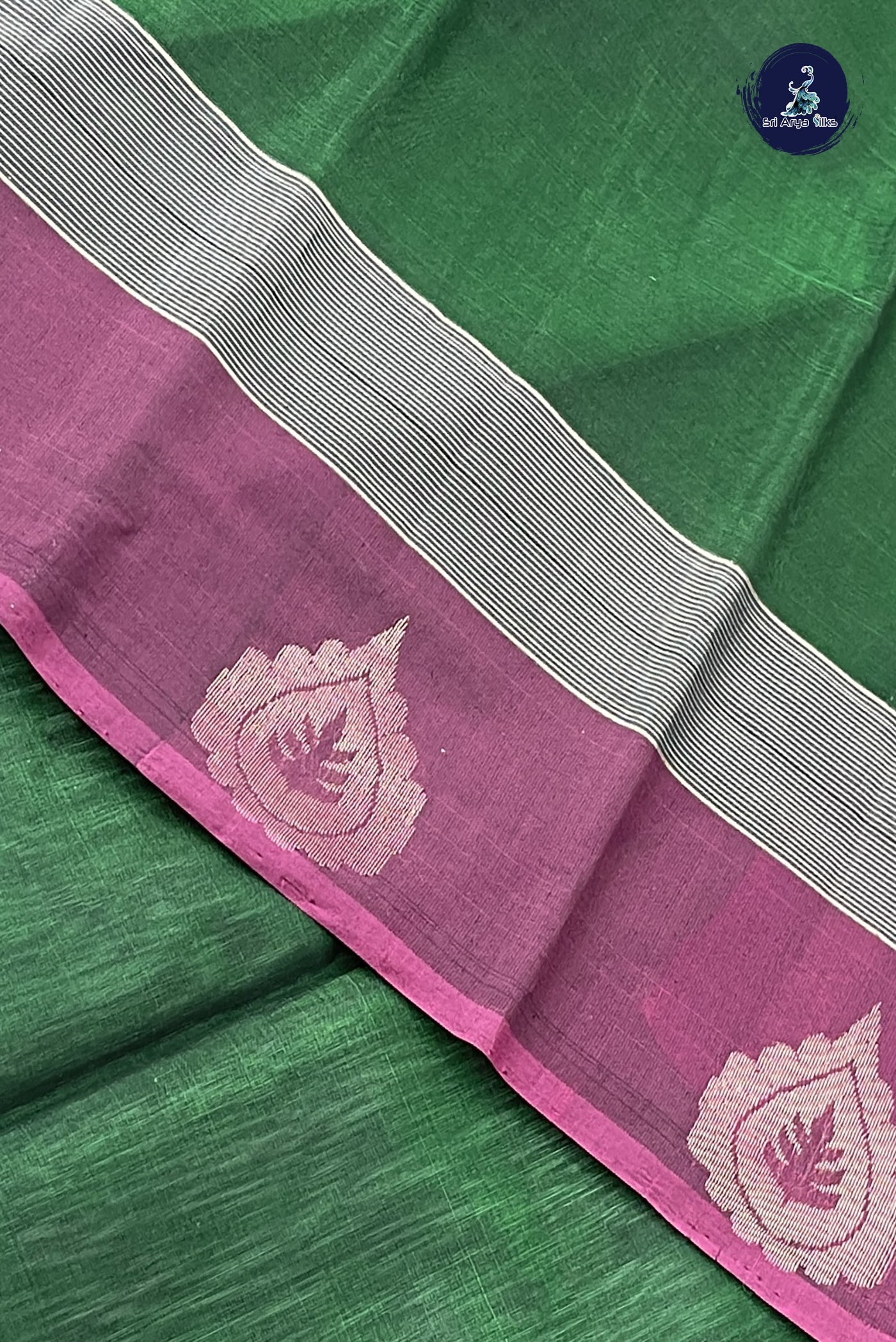 Bottle Green Kora Sico Silk Cotton With Plain Pattern