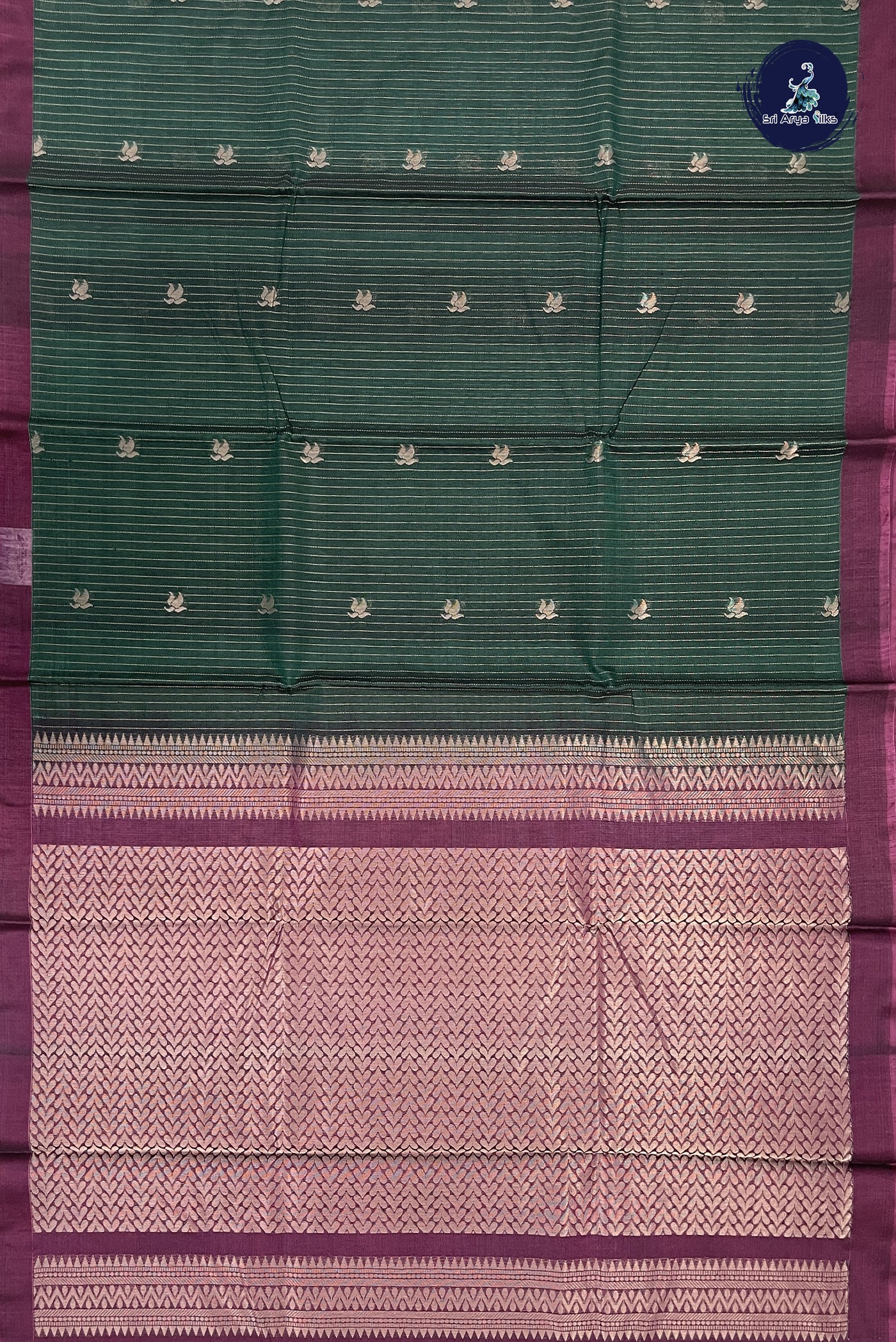 Bottle Green Kora Sico Silk Cotton With Stripes Pattern