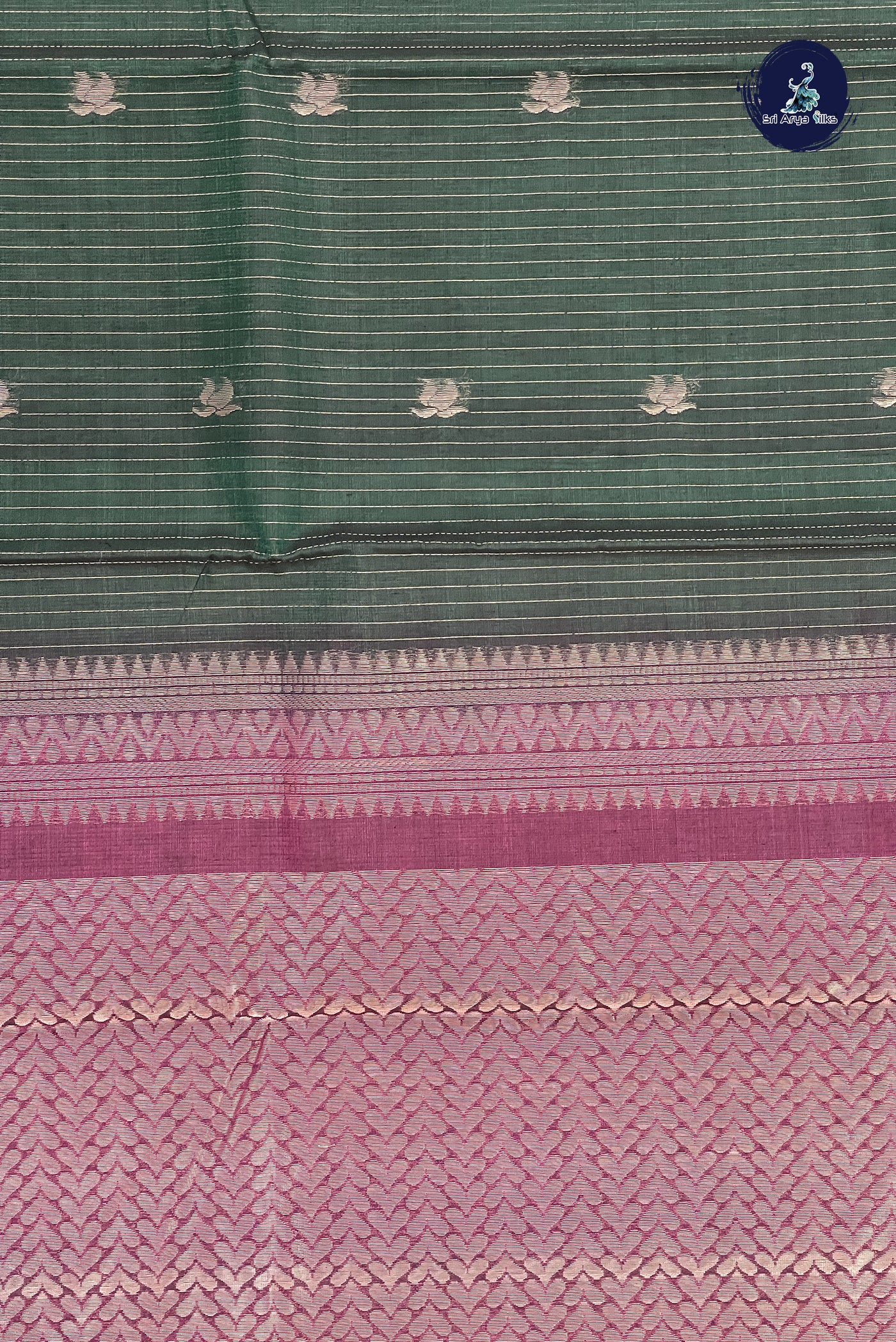 Bottle Green Kora Sico Silk Cotton With Stripes Pattern